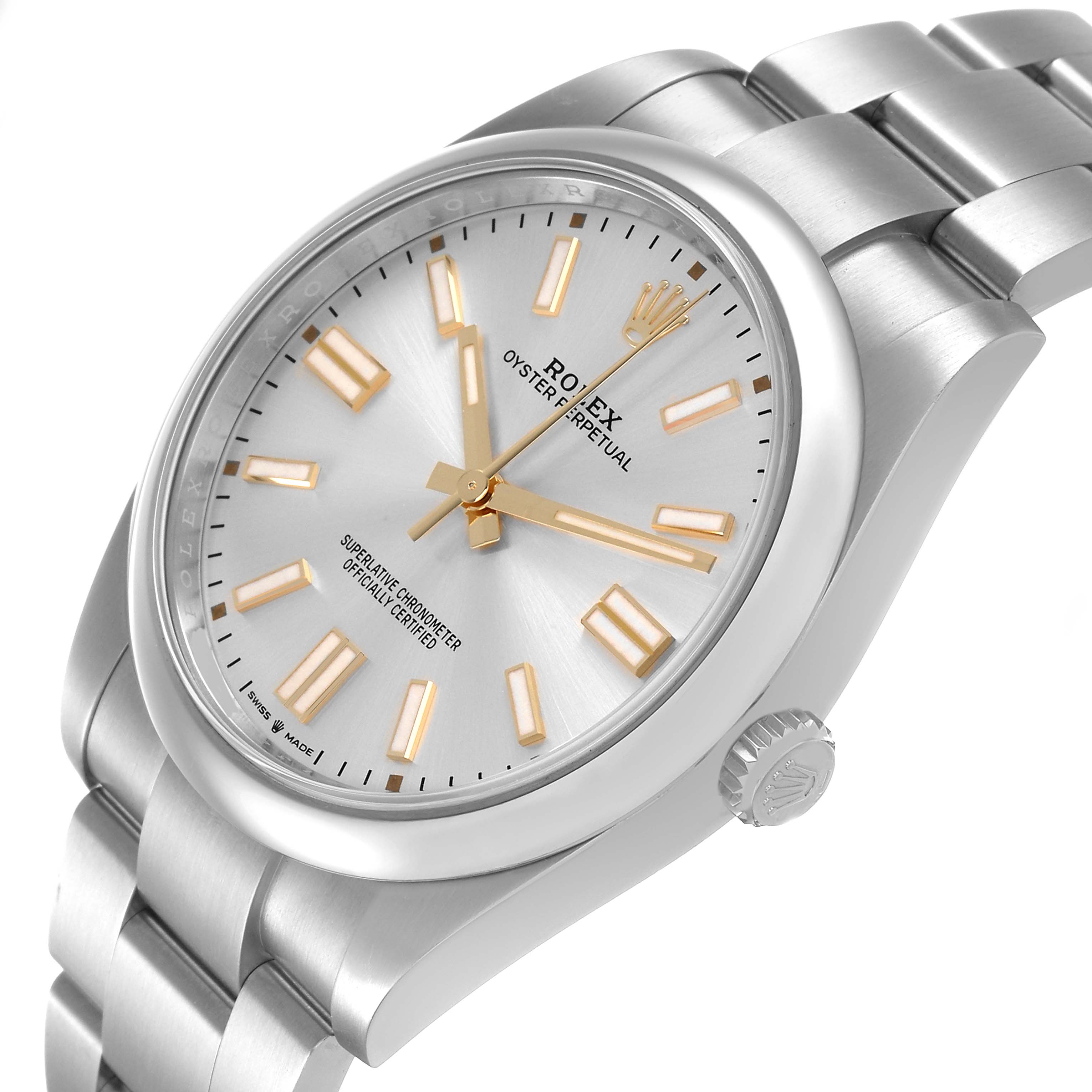 The Rolex Oyster Perpetual 124300 Men's Stainless Steel Silver Dial watch is shown at an angle highlighting the dial, case, and part of the bracelet.