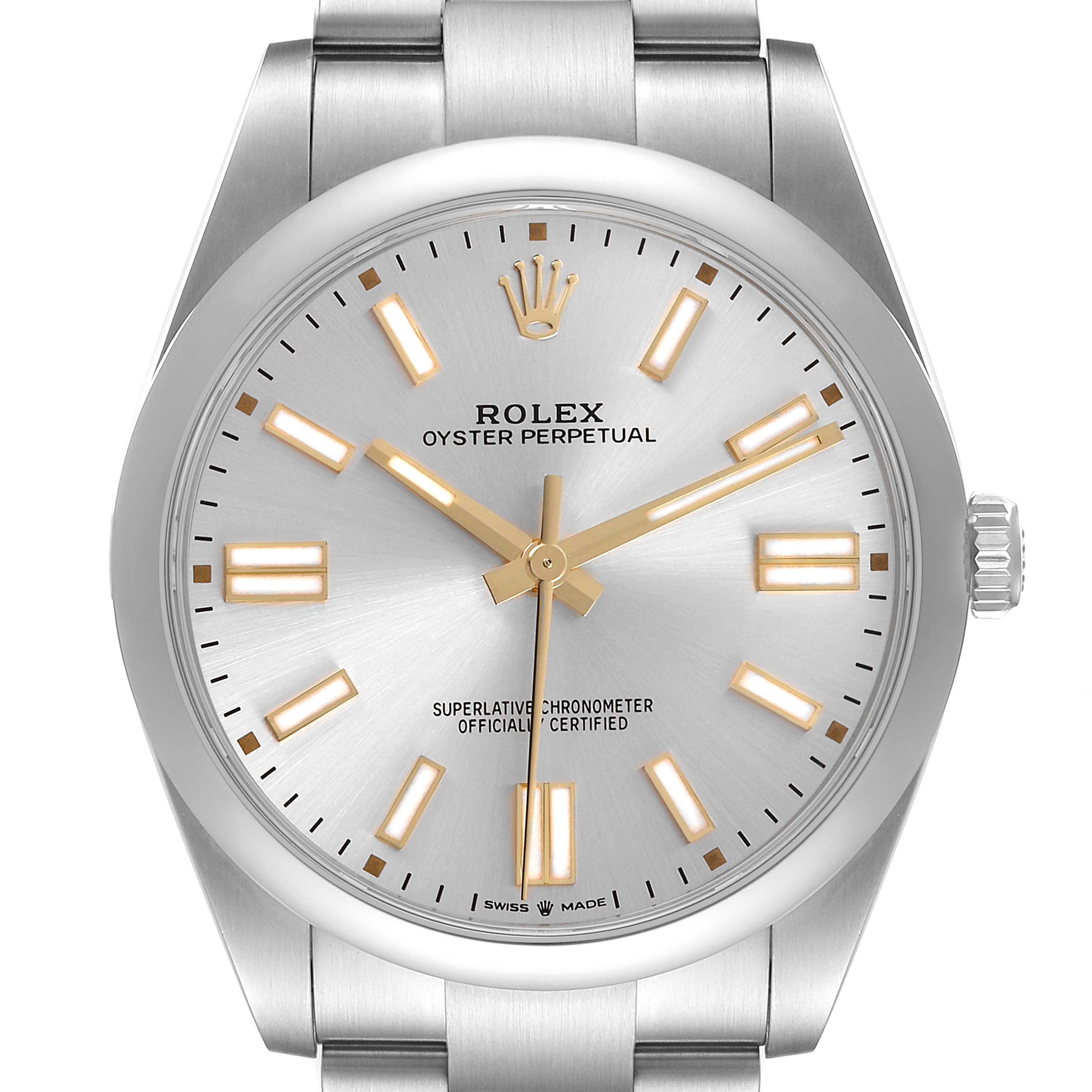 The Rolex Oyster Perpetual 124300 Men's Stainless Steel Silver Dial watch is shown from a front angle, highlighting the dial, hands, markers, and part of the bracelet.