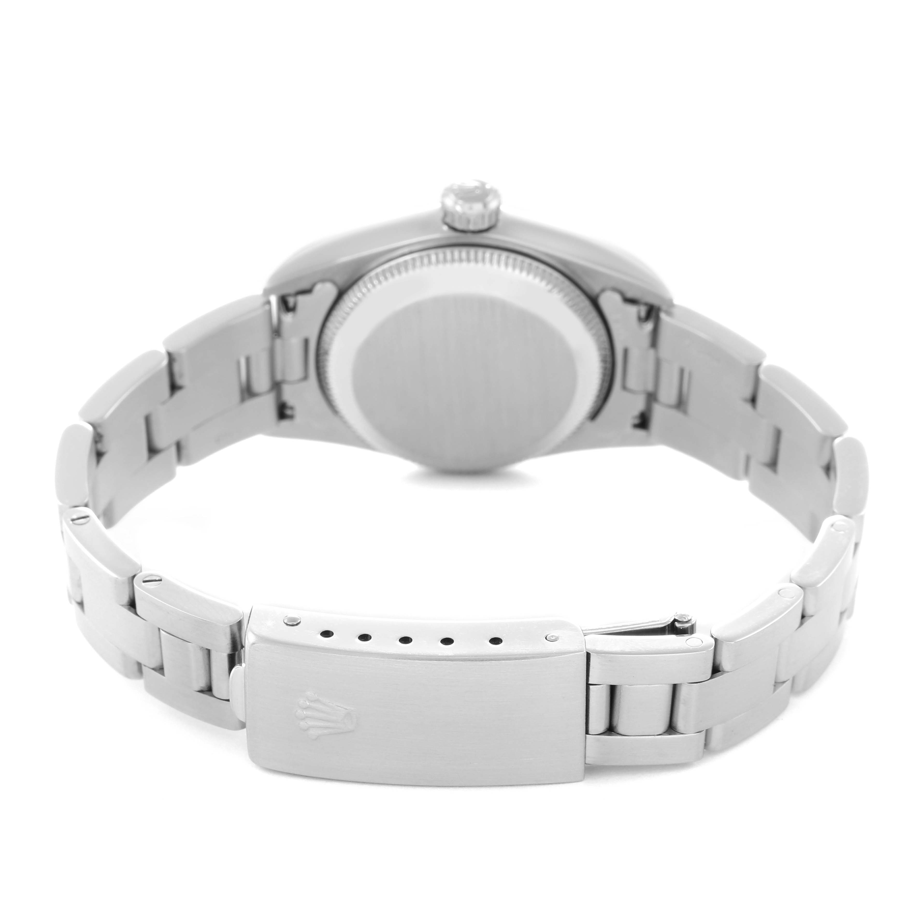 The image shows the back view of a Rolex Oyster Perpetual 76080 Women
s Stainless Steel Black Dial 76080 Women
s Stainless Steel Black Dial watch, highlighting the case back and Oyster bracelet with the clasp.