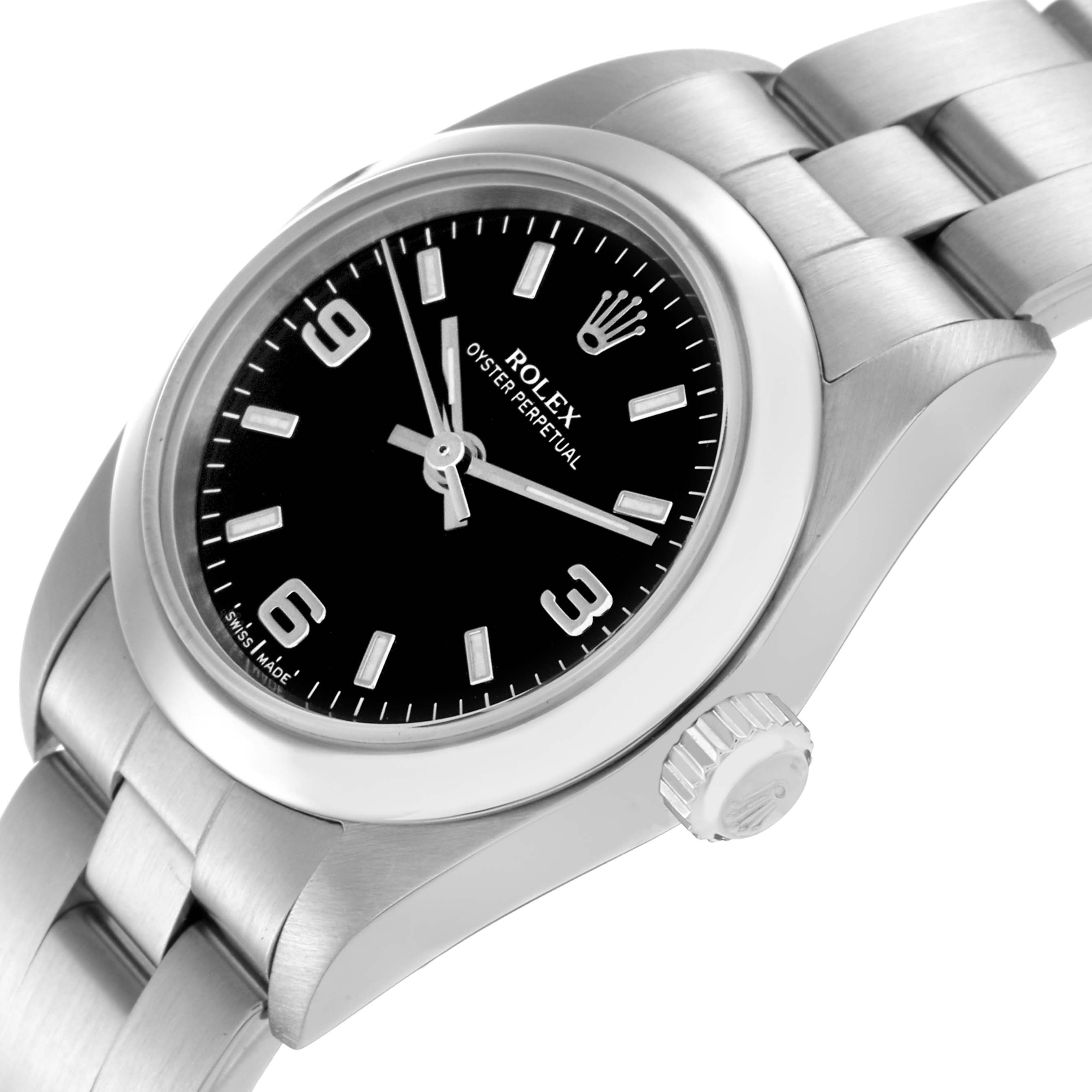 The Rolex Oyster Perpetual 76080 Women
s Stainless Steel Black Dial 76080 Women
s Stainless Steel Black Dial is shown at a slight angle, displaying the face, bezel, and part of the bracelet with the crown visible.