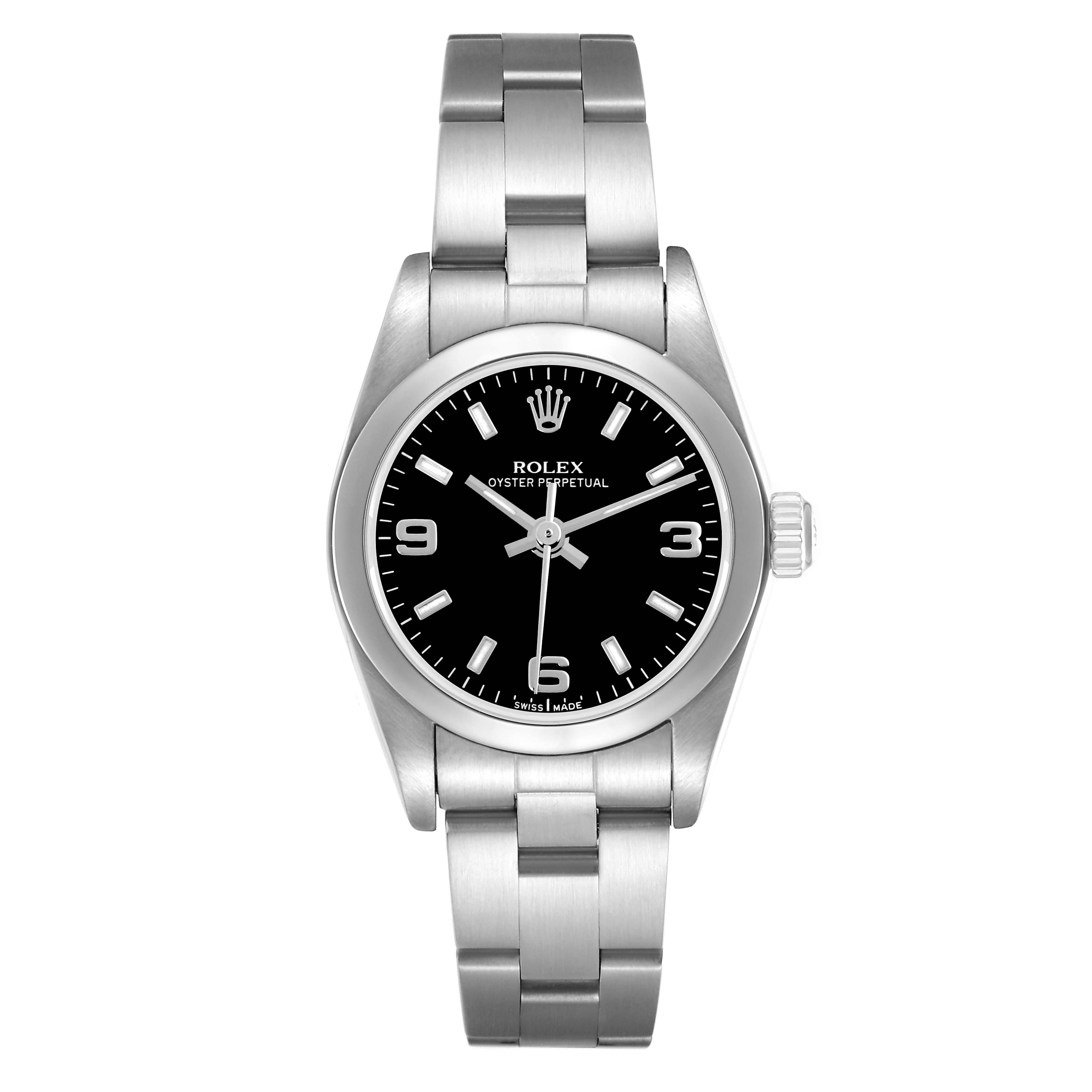 The Rolex Oyster Perpetual 76080 Women
s Stainless Steel Black Dial 76080 Women
s Stainless Steel Black Dial watch is shown from the front, displaying the face, bezel, and bracelet clearly.