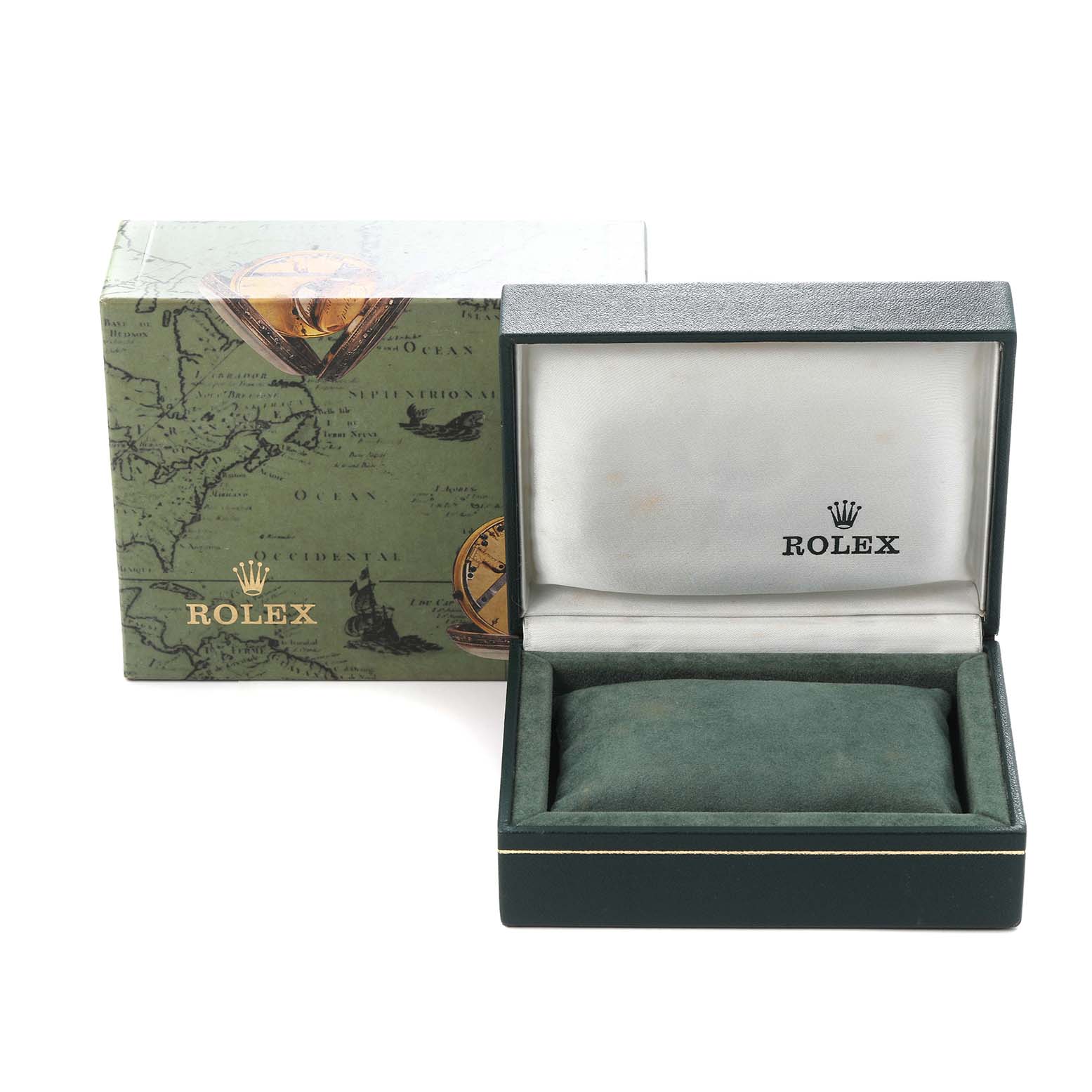 The image shows a Rolex Oyster Perpetual 76080 Women
s Stainless Steel Black Dial 76080 Women
s Stainless Steel Black Dial watch box and green cushion, with the box open to display the interior branding.