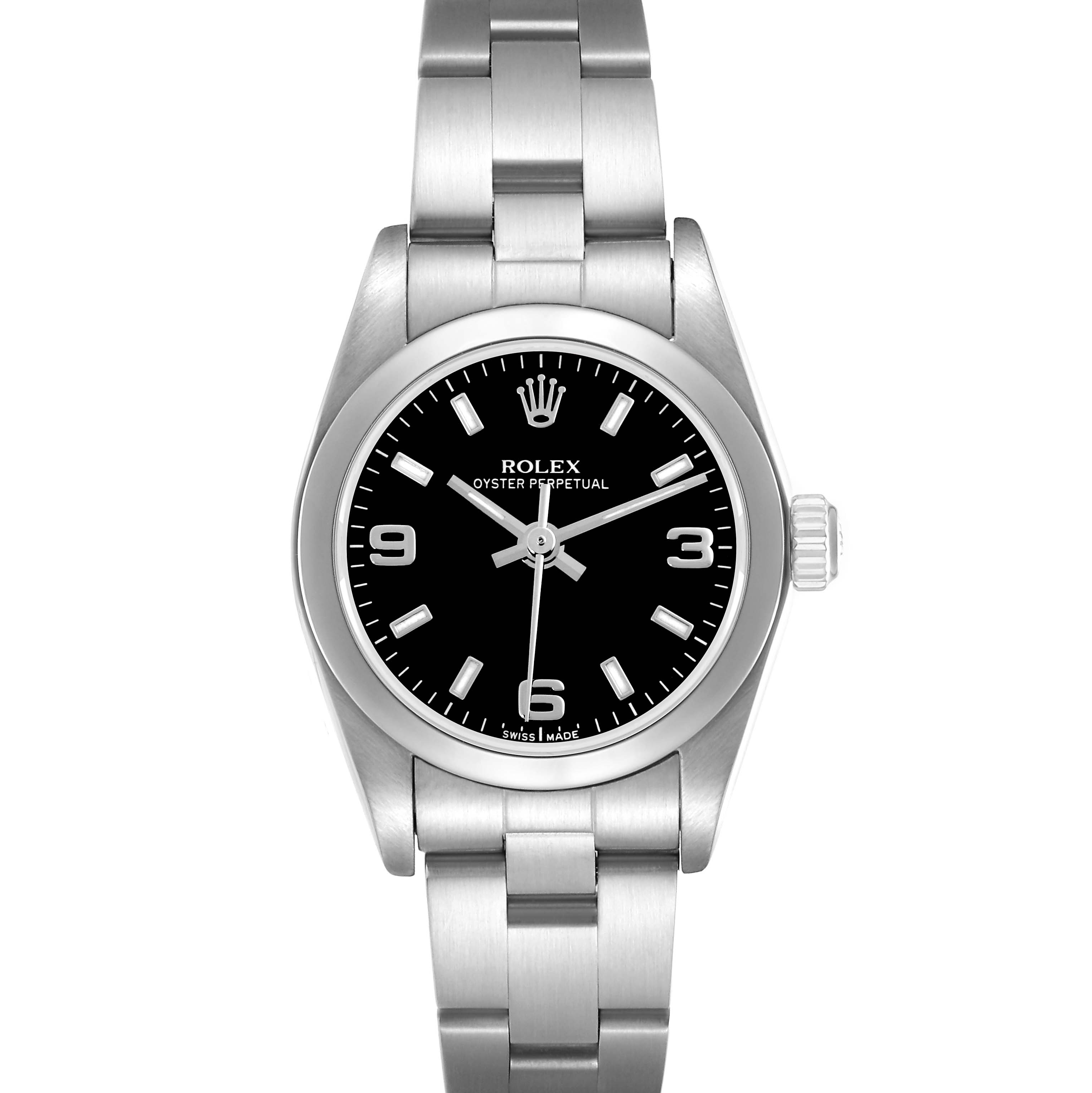The Rolex Oyster Perpetual 76080 Women
s Stainless Steel Black Dial 76080 Women
s Stainless Steel Black Dial watch is shown from a front angle, highlighting the black dial, hour markers, and stainless steel bracelet.