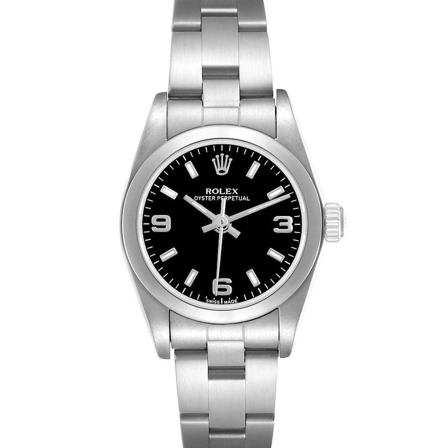 The Rolex Oyster Perpetual watch is shown from a front angle, highlighting the black dial, hour markers, and stainless steel bracelet.