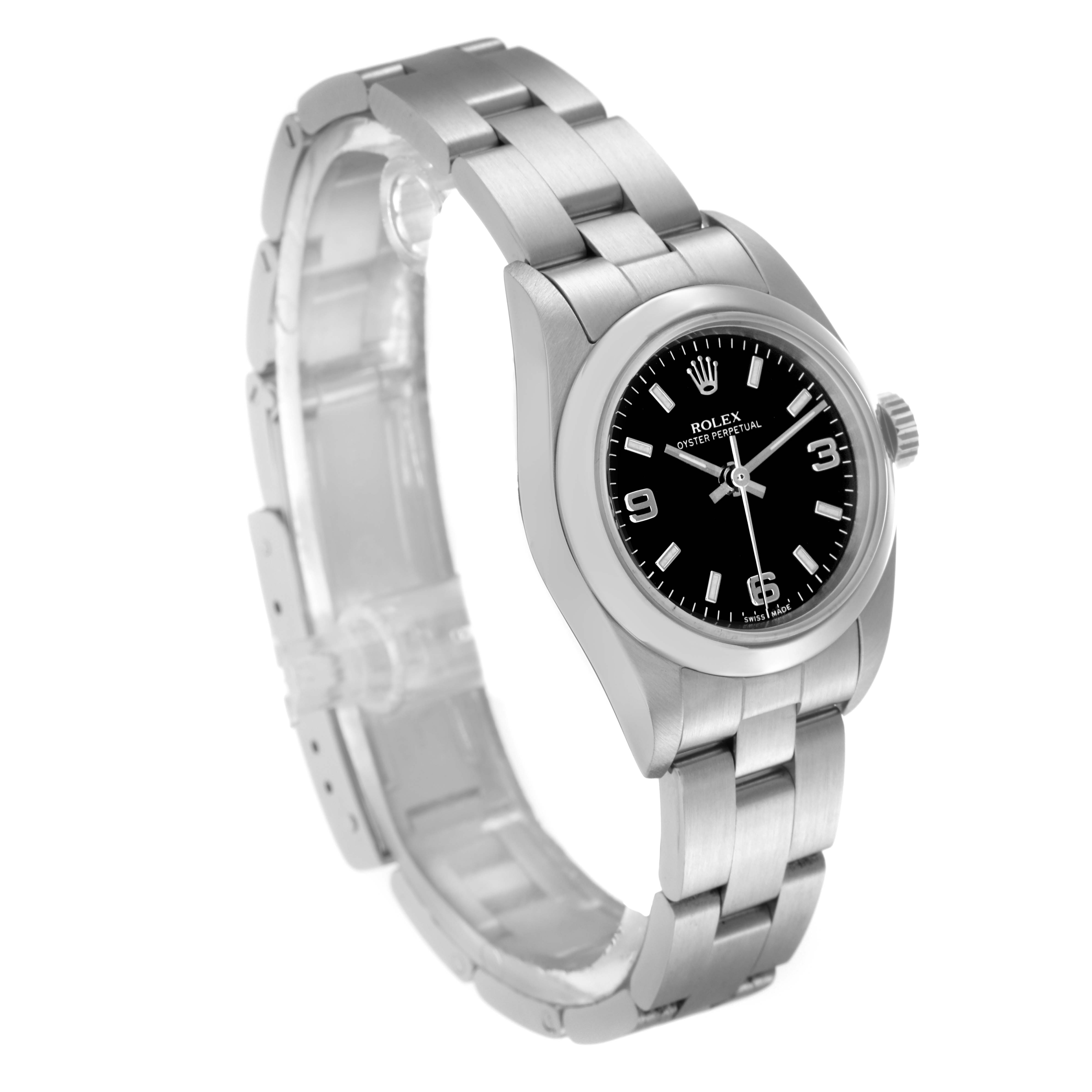 The Rolex Oyster Perpetual 76080 Women
s Stainless Steel Black Dial 76080 Women
s Stainless Steel Black Dial watch is shown in a three-quarter view, highlighting the face, bezel, and part of the bracelet.