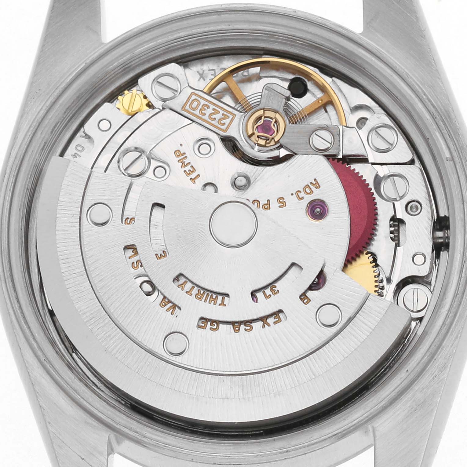 The image shows the movement and internal mechanics of a Rolex Oyster Perpetual 76080 Women
s Stainless Steel Black Dial 76080 Women
s Stainless Steel Black Dial watch from the case back view.