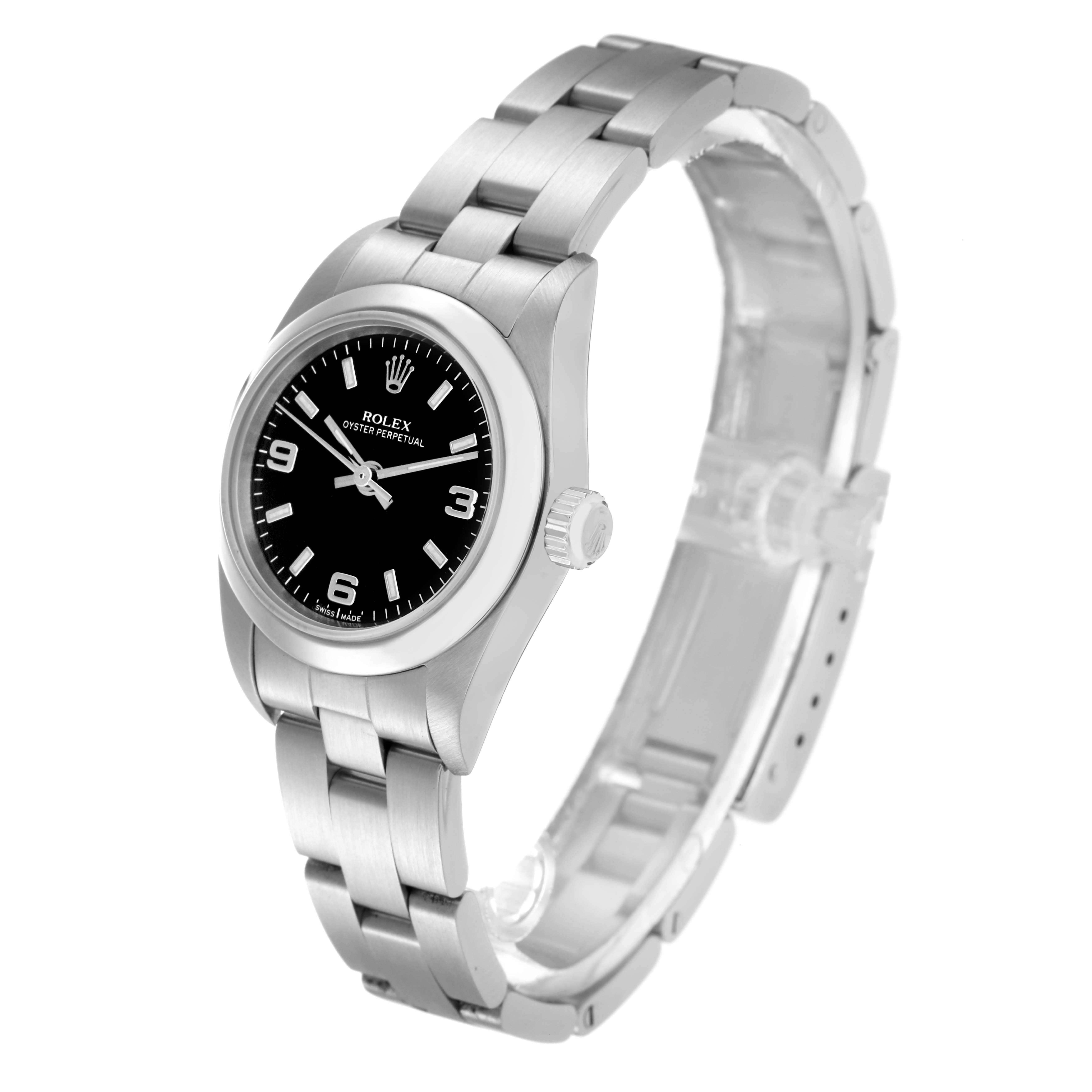 The Rolex Oyster Perpetual 76080 Women
s Stainless Steel Black Dial 76080 Women
s Stainless Steel Black Dial watch is shown at a slight angle, highlighting the face, bezel, crown, and bracelet.