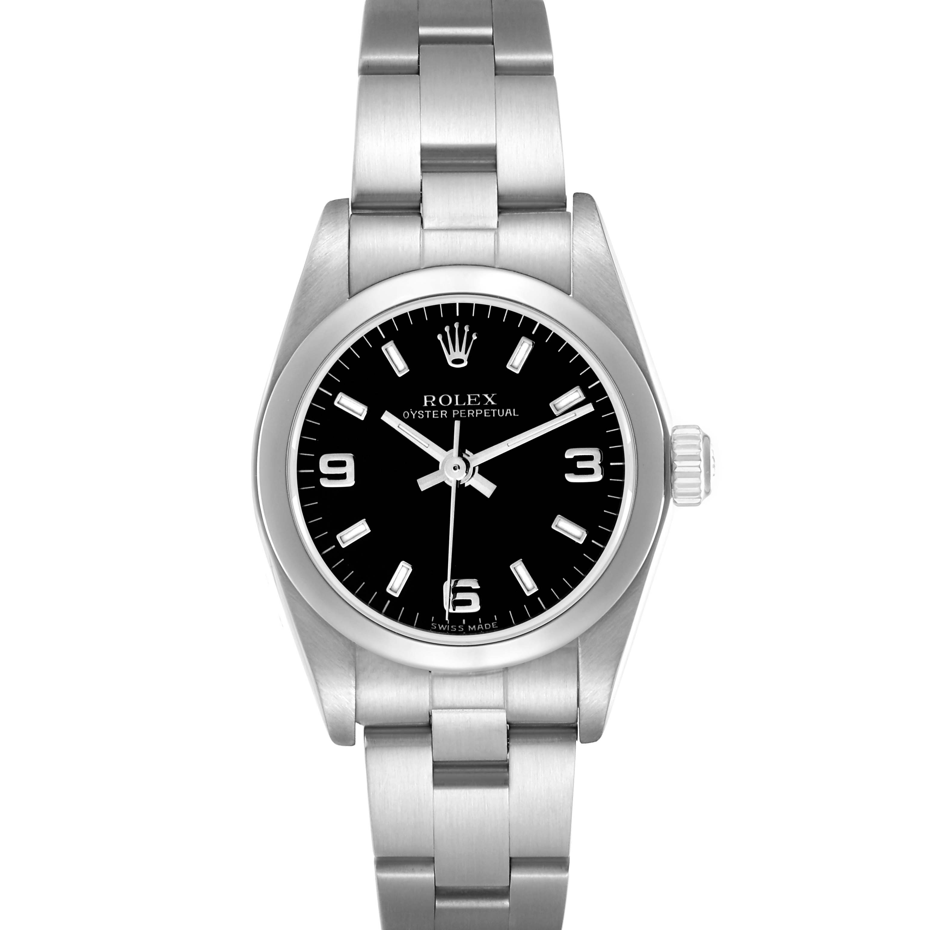 The Rolex Oyster Perpetual 76080 Women
s Stainless Steel Black Dial 76080 Women
s Stainless Steel Black Dial watch is shown from a front angle, displaying the dial, bezel, case, and bracelet.