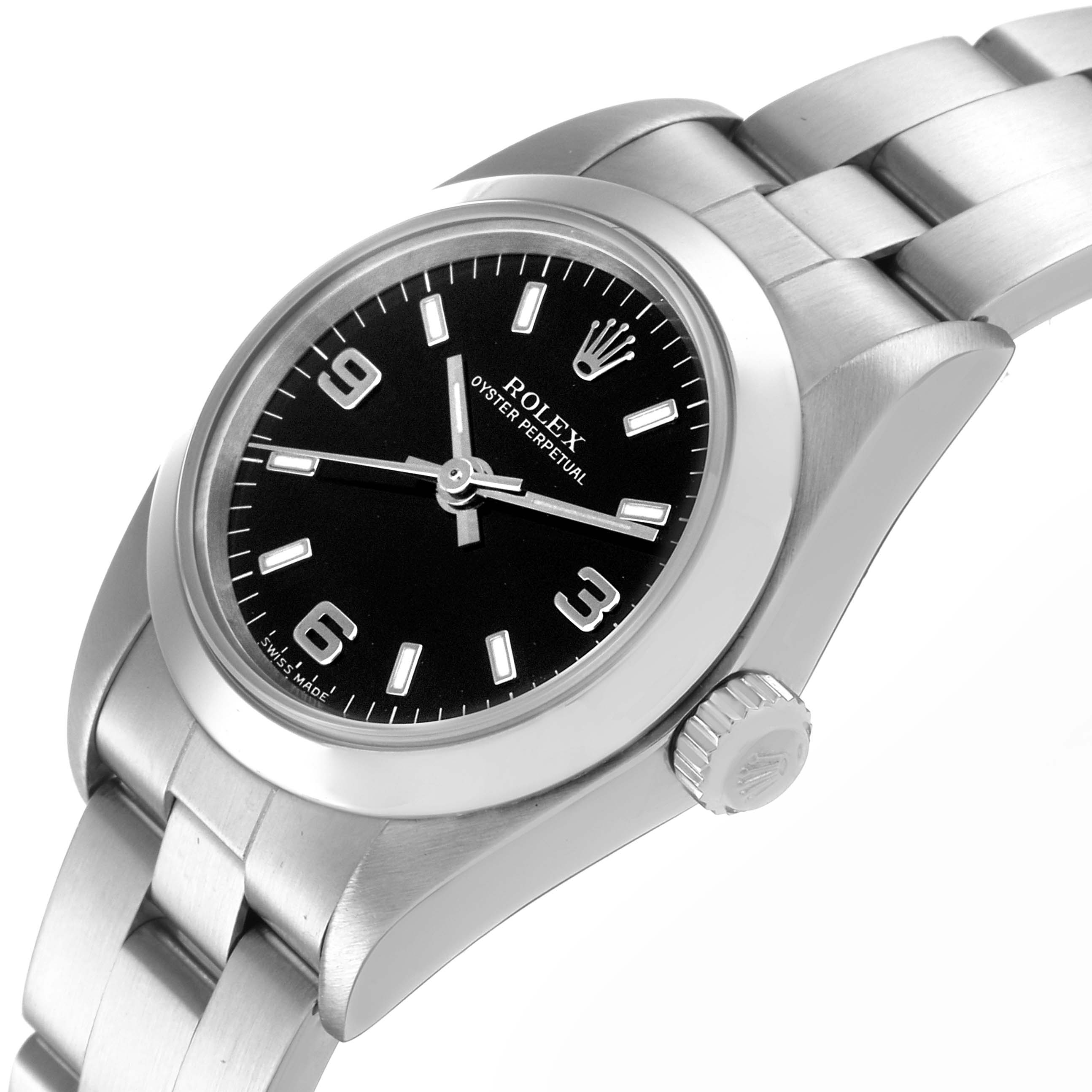 The Rolex Oyster Perpetual 76080 Women
s Stainless Steel Black Dial 76080 Women
s Stainless Steel Black Dial watch is shown at an angle highlighting the watch face, bezel, side crown, and parts of the band.