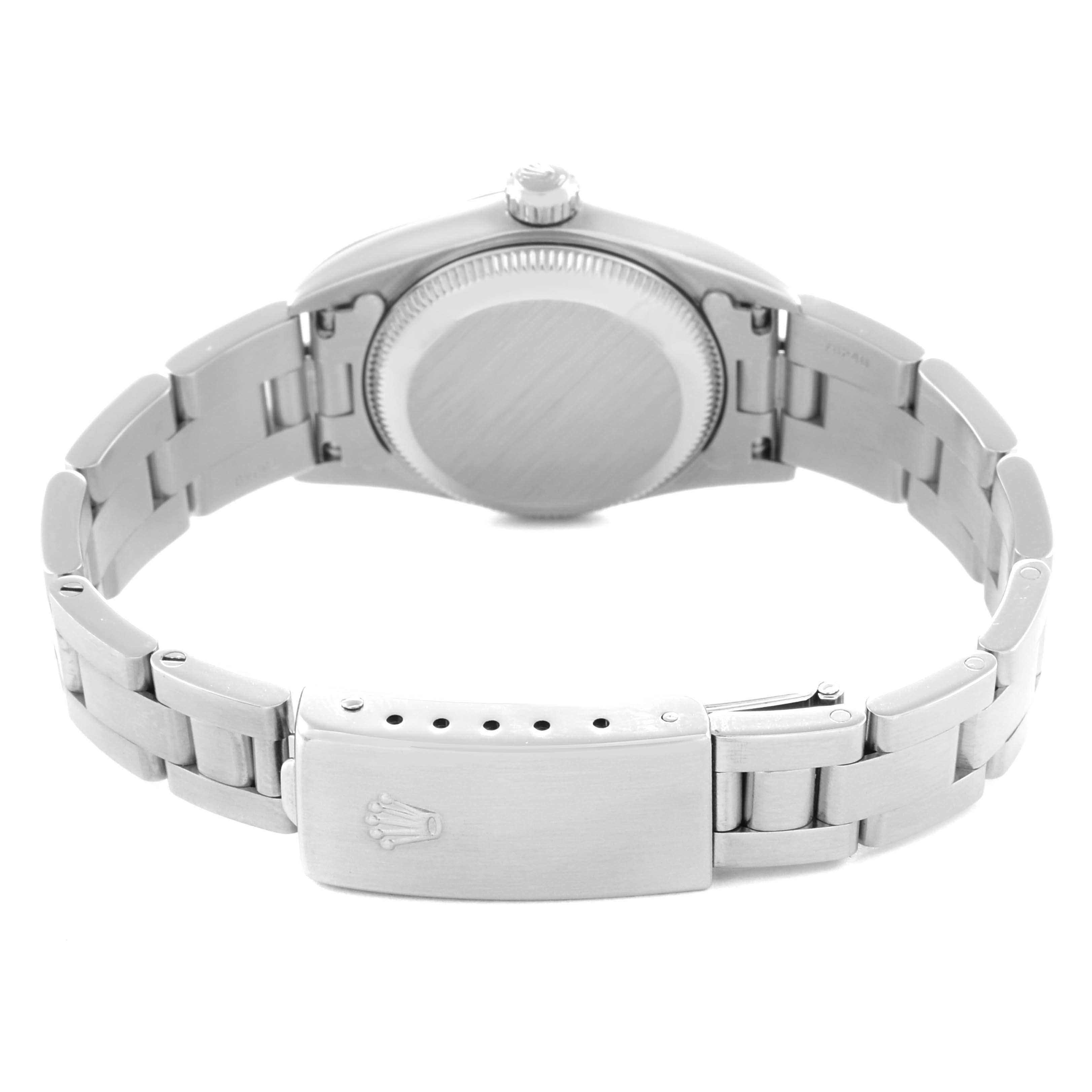 The image shows the back of the Rolex Oyster Perpetual 76080 Women
s Stainless Steel Black Dial 76080 Women
s Stainless Steel Black Dial, highlighting the case back and clasp.