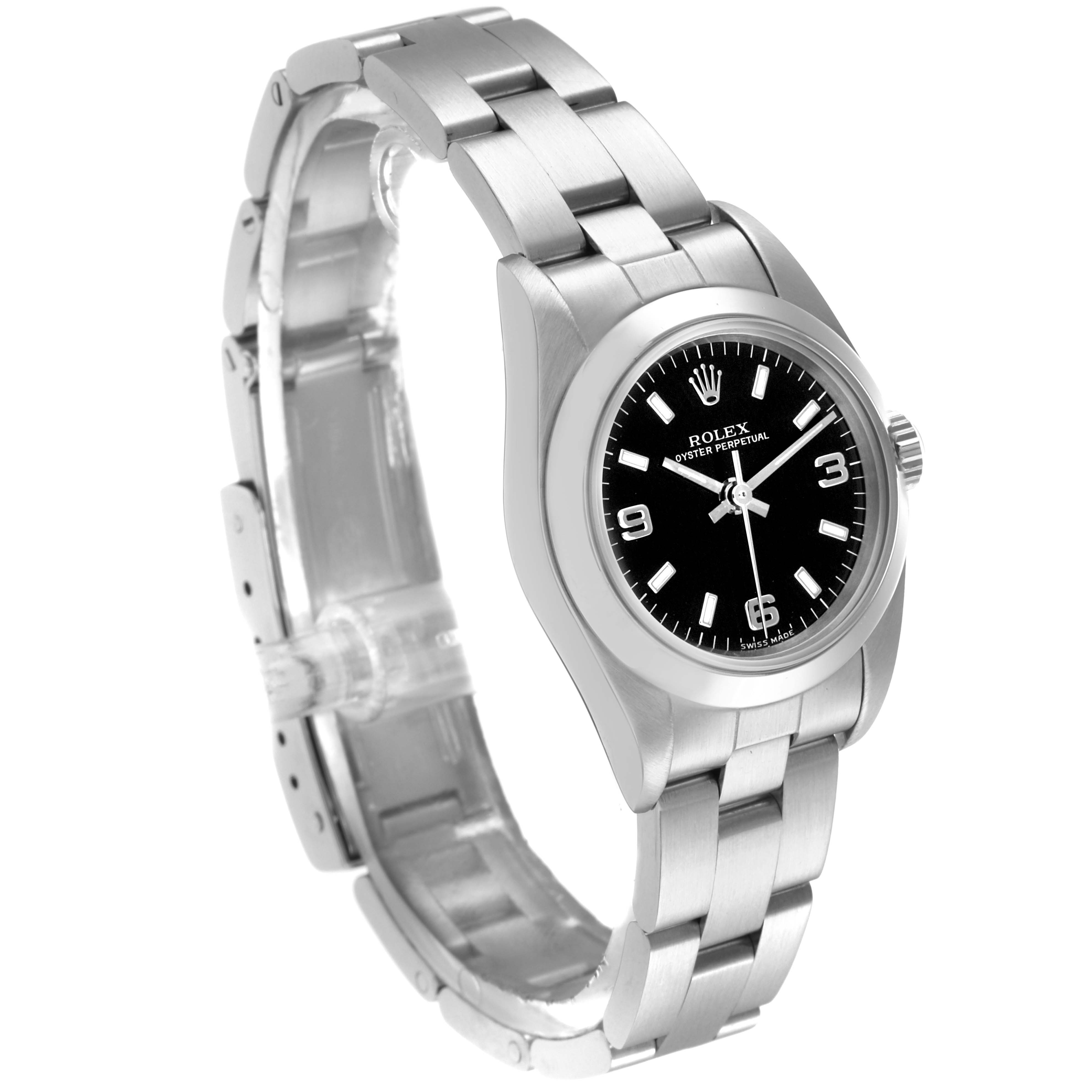 The Rolex Oyster Perpetual 76080 Women
s Stainless Steel Black Dial 76080 Women
s Stainless Steel Black Dial watch is shown at an angled view, highlighting the bracelet, case, and black dial.