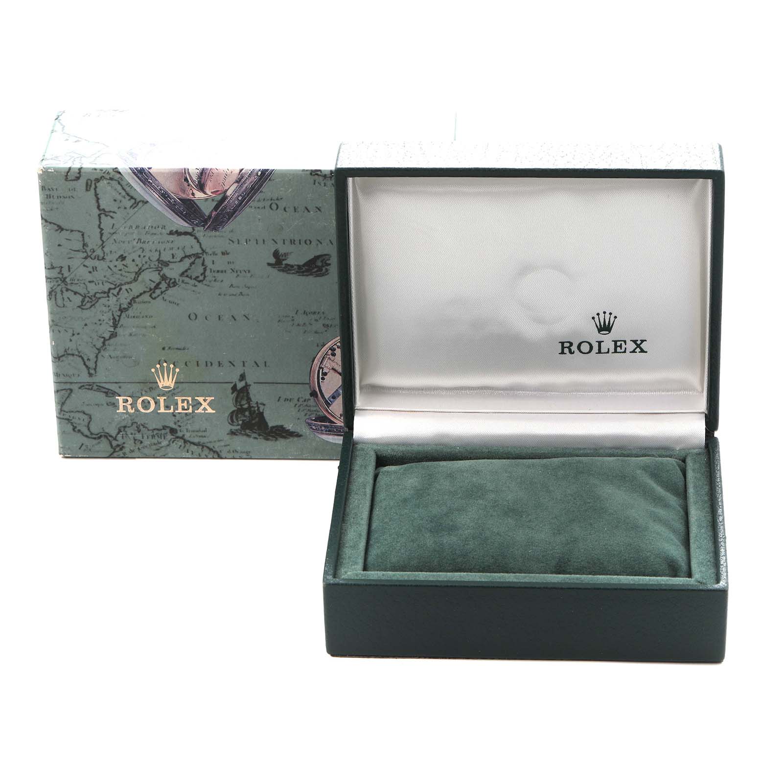 The image shows a Rolex Oyster Perpetual 76080 Women
s Stainless Steel Black Dial 76080 Women
s Stainless Steel Black Dial watch box and outer packaging, viewed from the front with the box lid open.