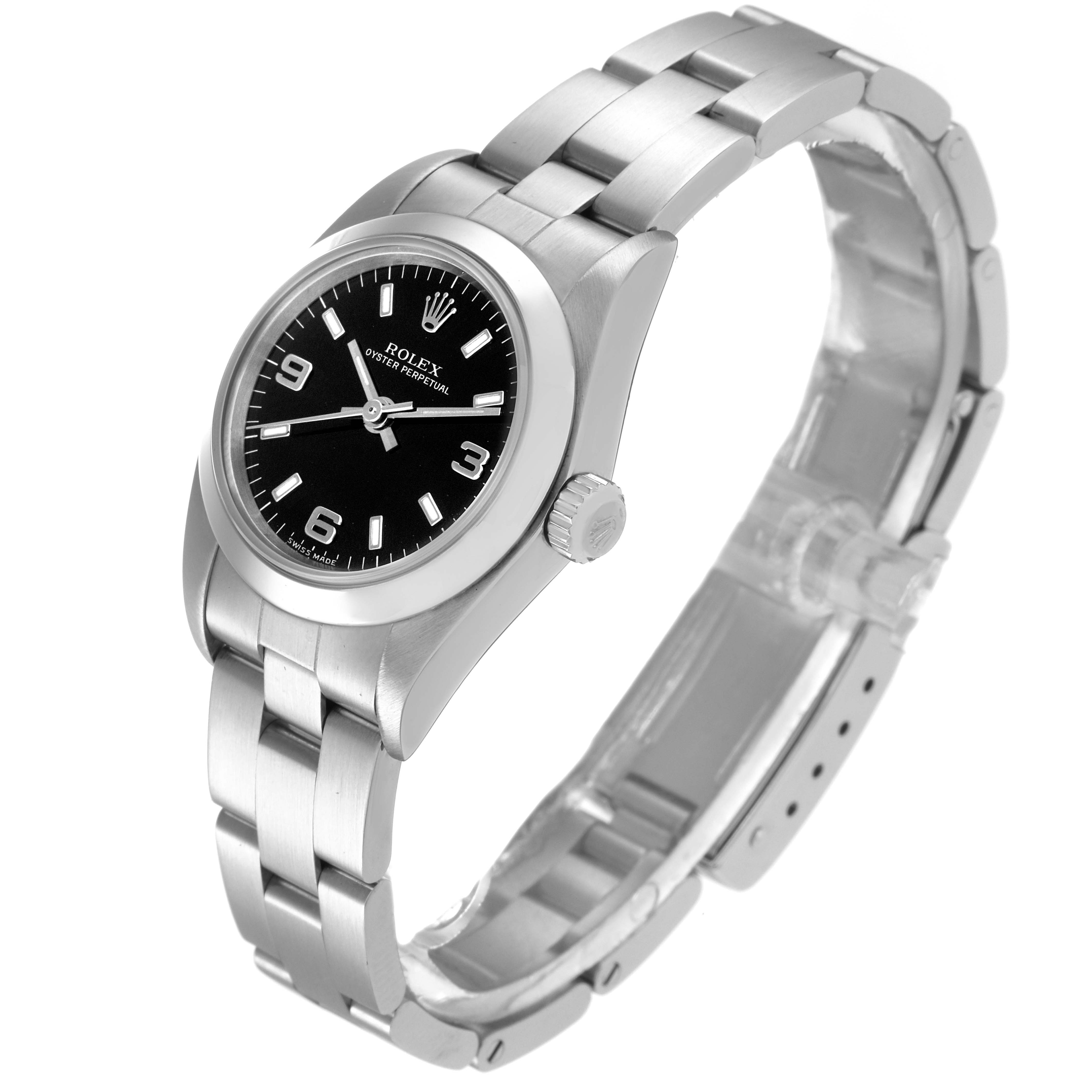 The Rolex Oyster Perpetual 76080 Women
s Stainless Steel Black Dial 76080 Women
s Stainless Steel Black Dial watch is shown at a three-quarter angle, highlighting the bracelet, case, and dial.