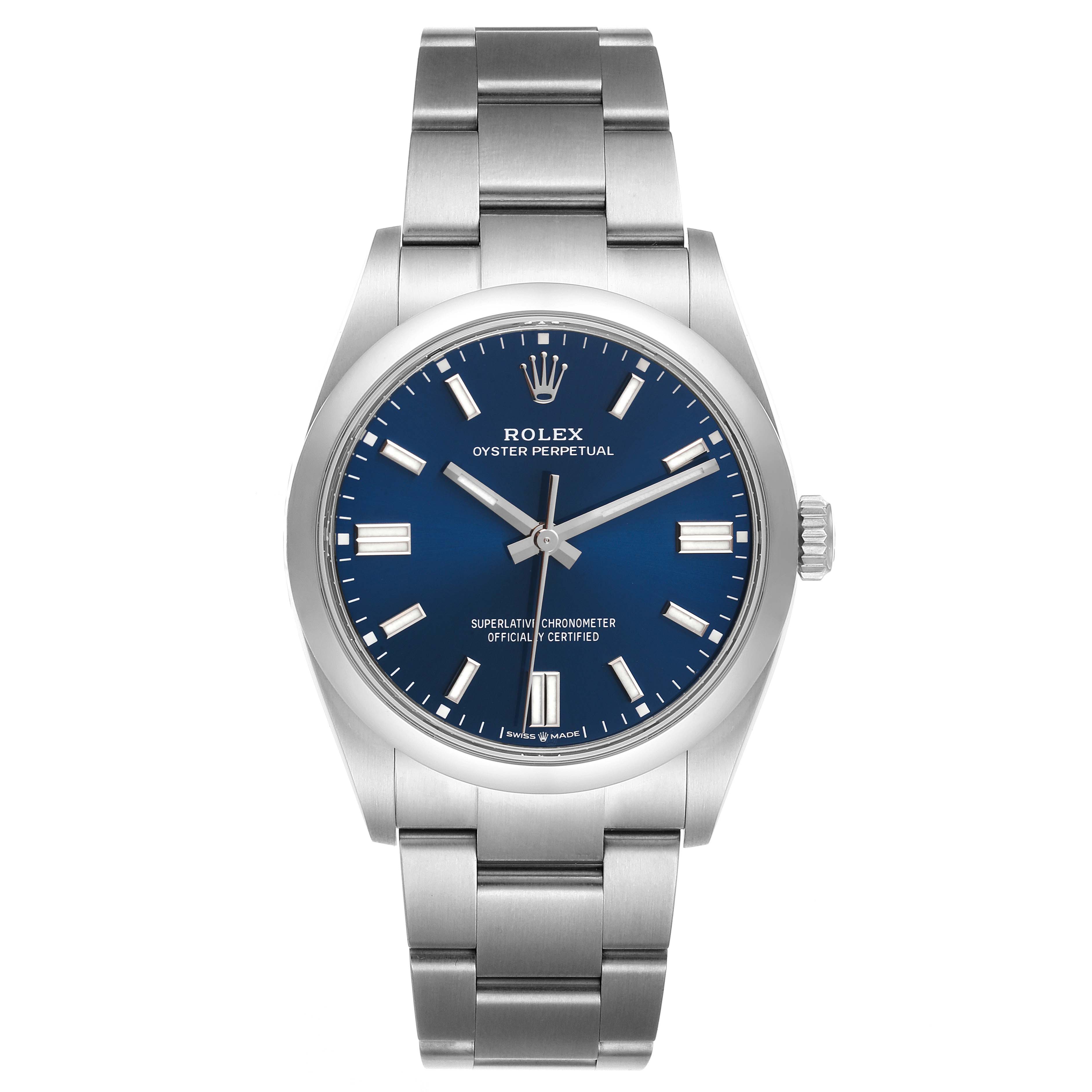 This image shows a front view of a Rolex Oyster Perpetual 126000 Men's Stainless Steel Blue Dial 126000 Men's Stainless Steel Blue Dial watch, including the band, case, dial, and hands.