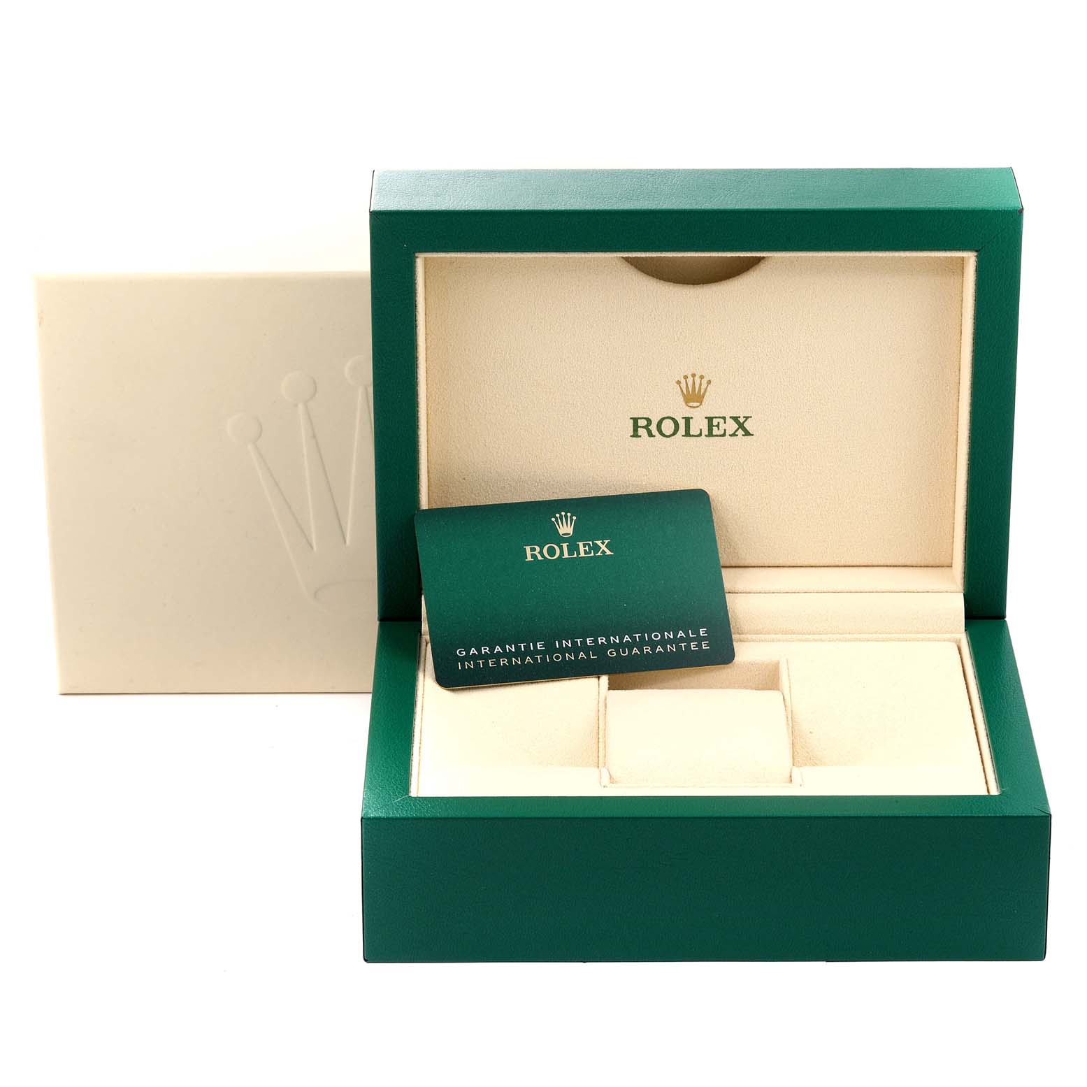 The image shows the open box and international guarantee card for a Rolex Oyster Perpetual 126000 Men's Stainless Steel Blue Dial 126000 Men's Stainless Steel Blue Dial watch.