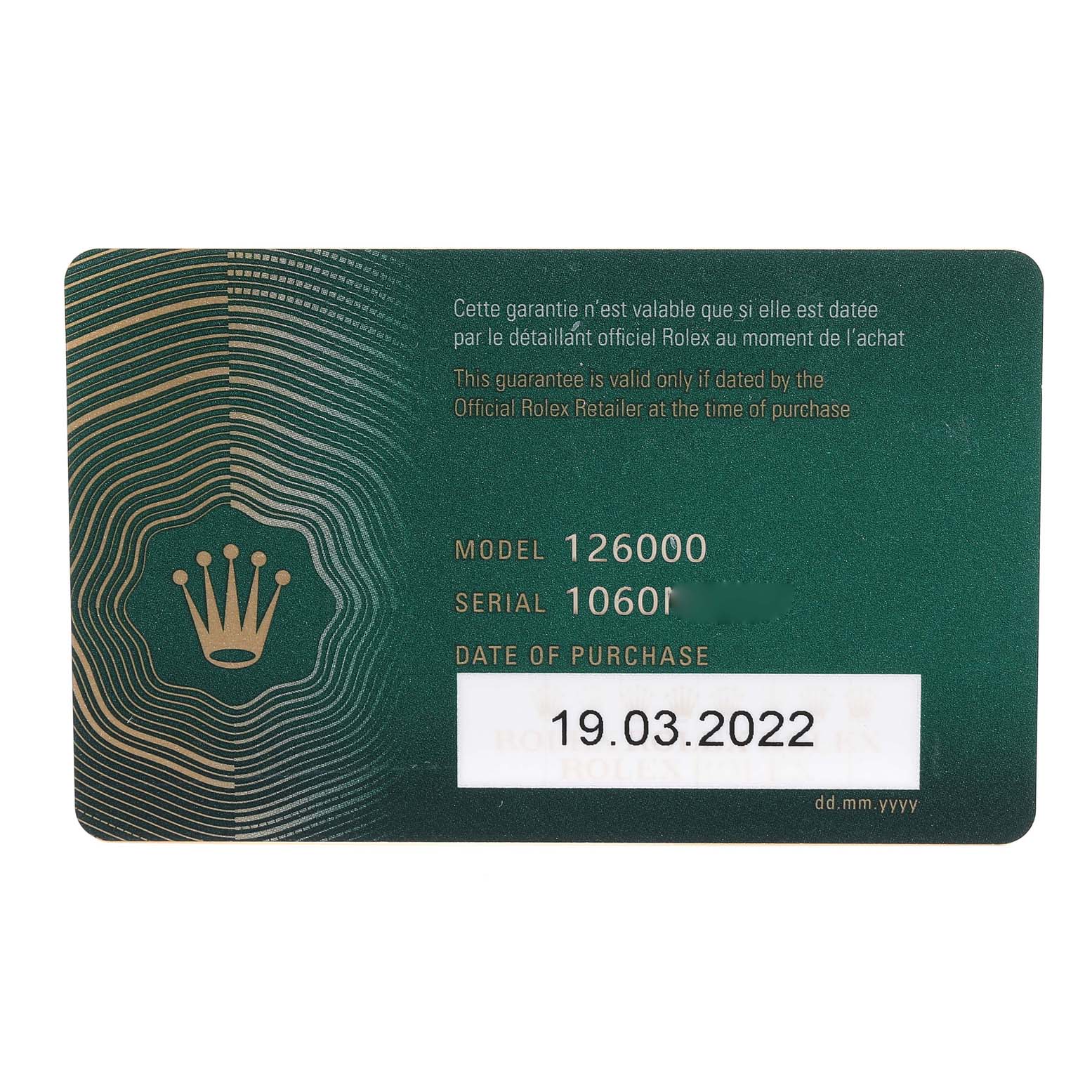 The image shows a warranty card for a Rolex Oyster Perpetual 126000 Men's Stainless Steel Blue Dial 126000 Men's Stainless Steel Blue Dial model 126000 with a purchase date of 19.03.2022.