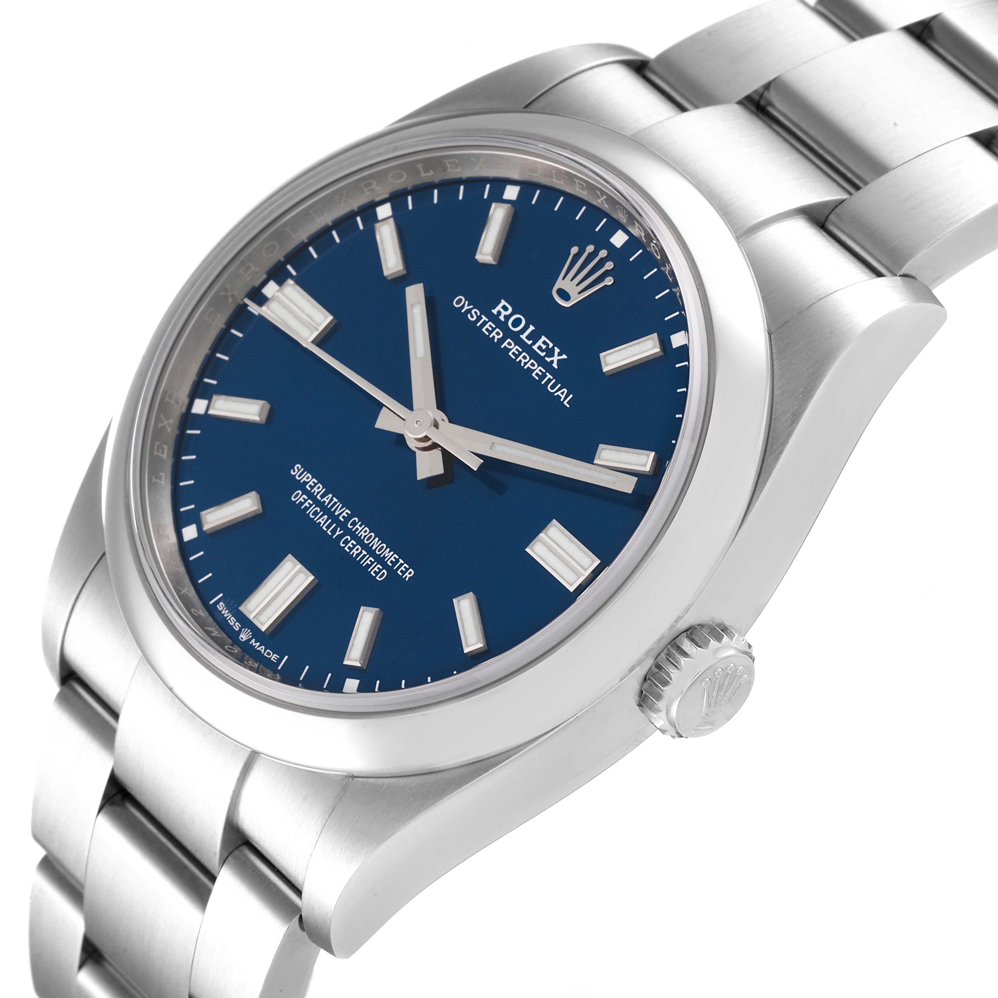 The Rolex Oyster Perpetual 126000 Men's Stainless Steel Blue Dial 126000 Men's Stainless Steel Blue Dial watch is shown at an angled view, highlighting its blue dial, crown, and stainless steel bracelet.