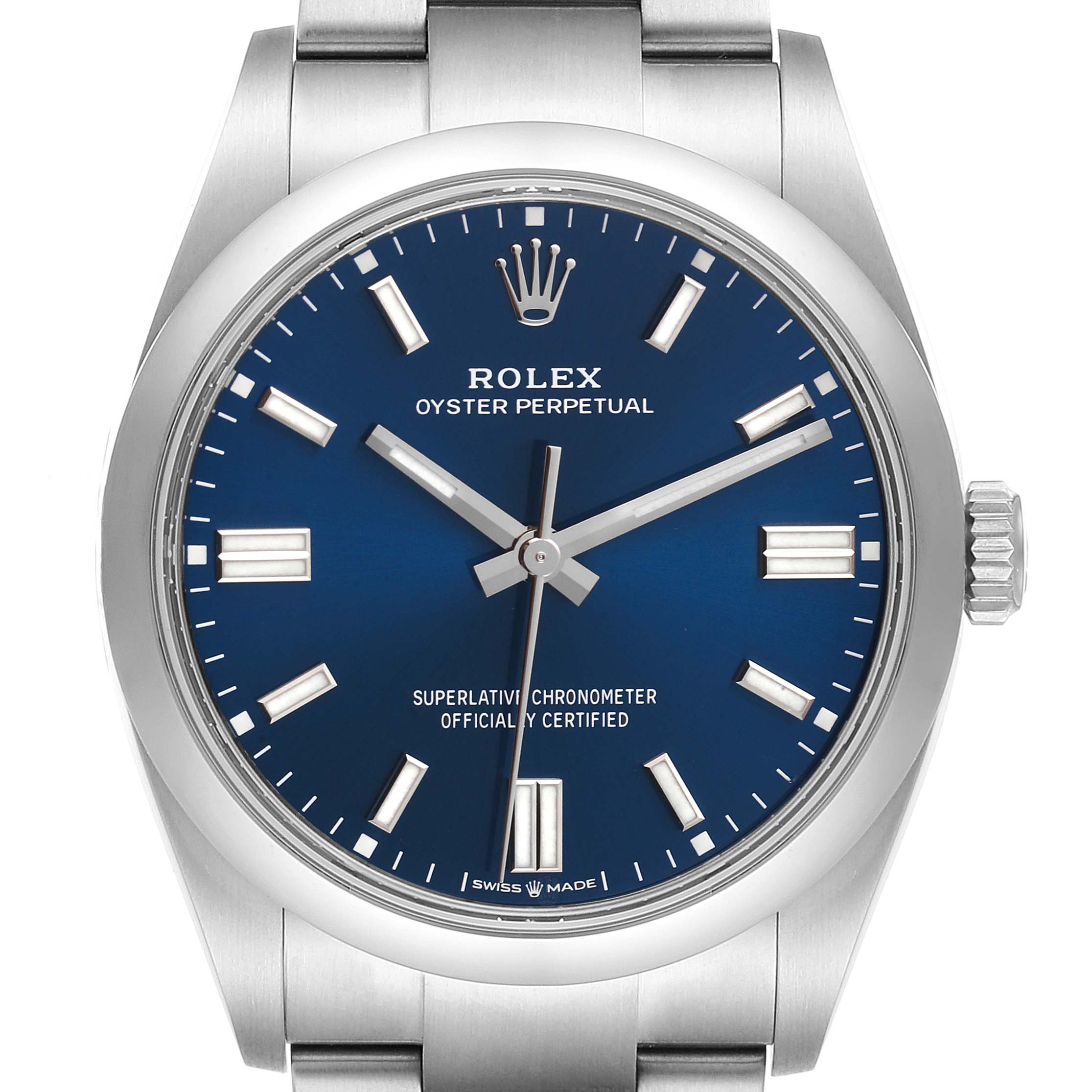 The image shows a front view of the Rolex Oyster Perpetual 126000 Men's Stainless Steel Blue Dial 126000 Men's Stainless Steel Blue Dial watch, highlighting its blue dial, crown, and stainless steel bracelet.