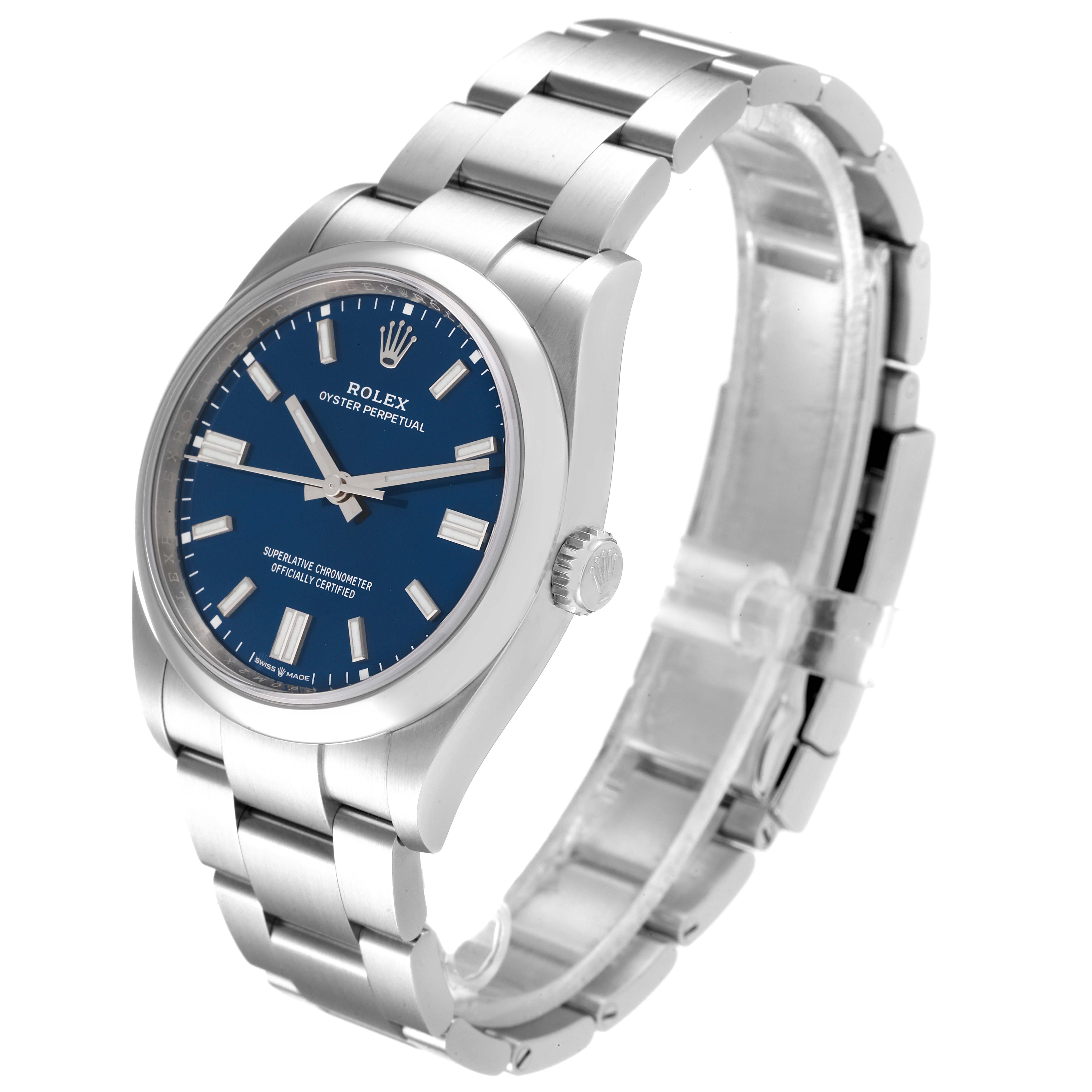 This image shows a Rolex Oyster Perpetual 126000 Men's Stainless Steel Blue Dial 126000 Men's Stainless Steel Blue Dial watch with a blue dial and stainless steel bracelet, viewed from an angled perspective.