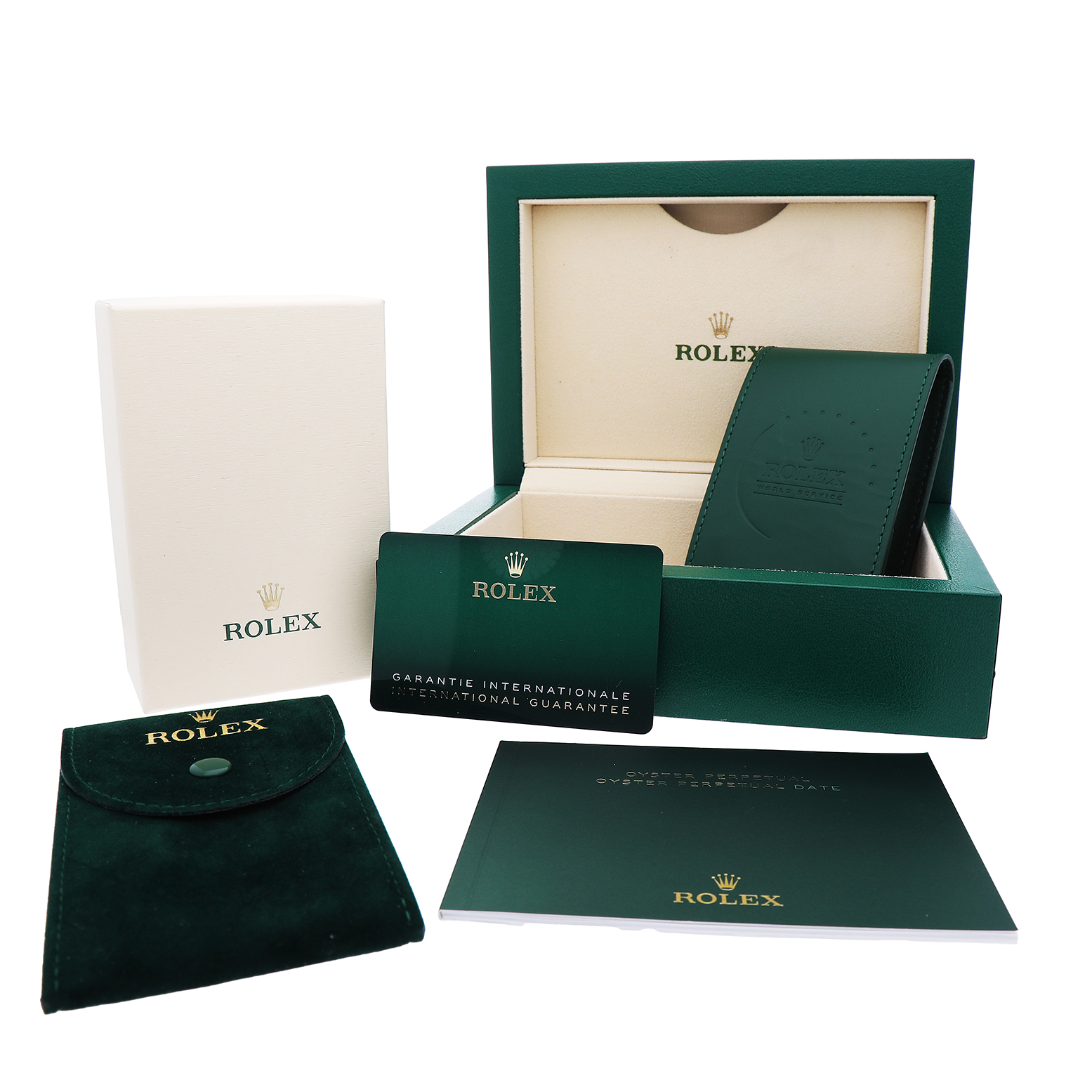 The image shows the packaging and accessories for a Rolex Oyster Perpetual 277200 Women's Stainless Steel Blue Dial watch, including a box, cardholder, and manual.