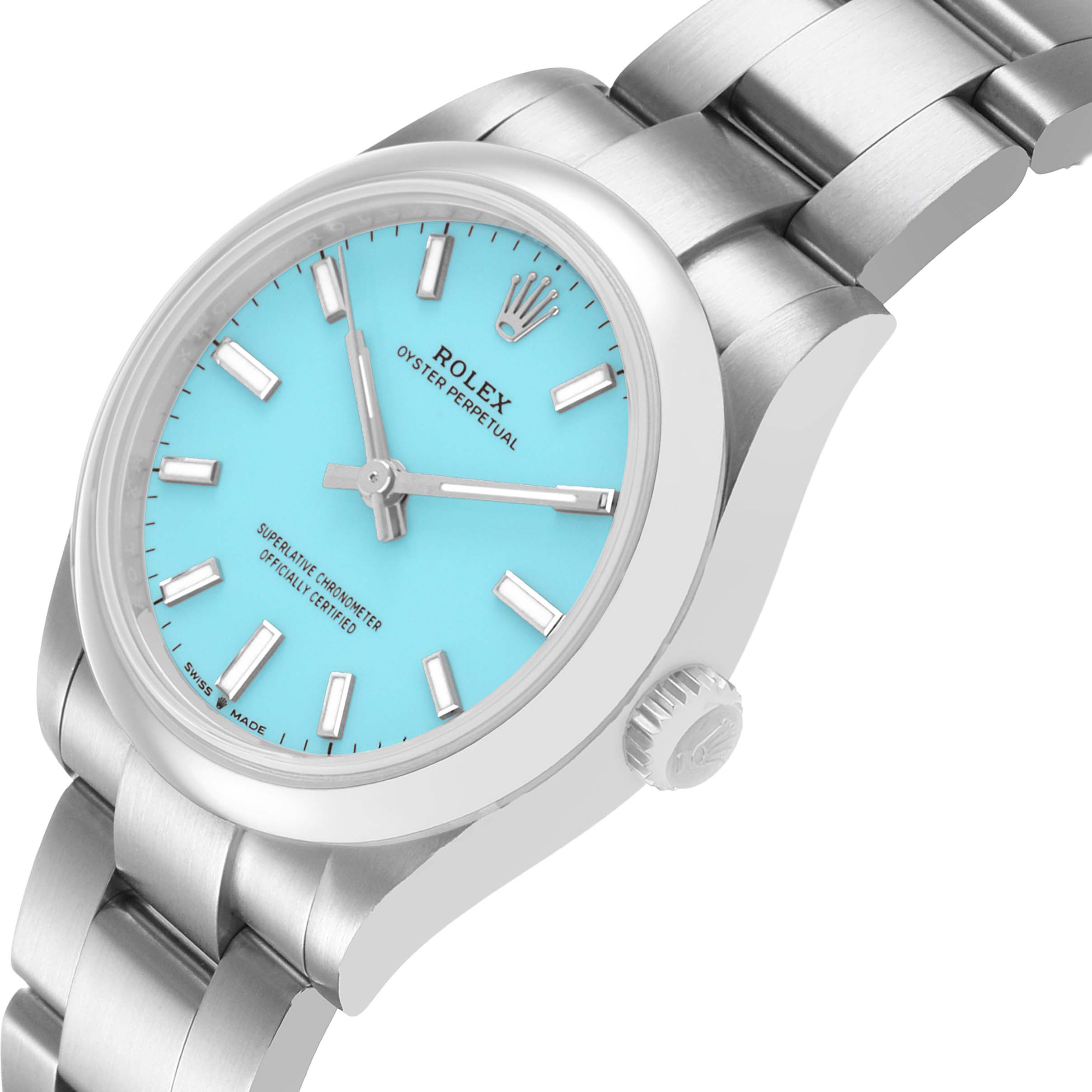 The Rolex Oyster Perpetual 277200 Women's Stainless Steel Blue Dial watch is shown at an angled side view, displaying the turquoise dial, crown, and bracelet links.