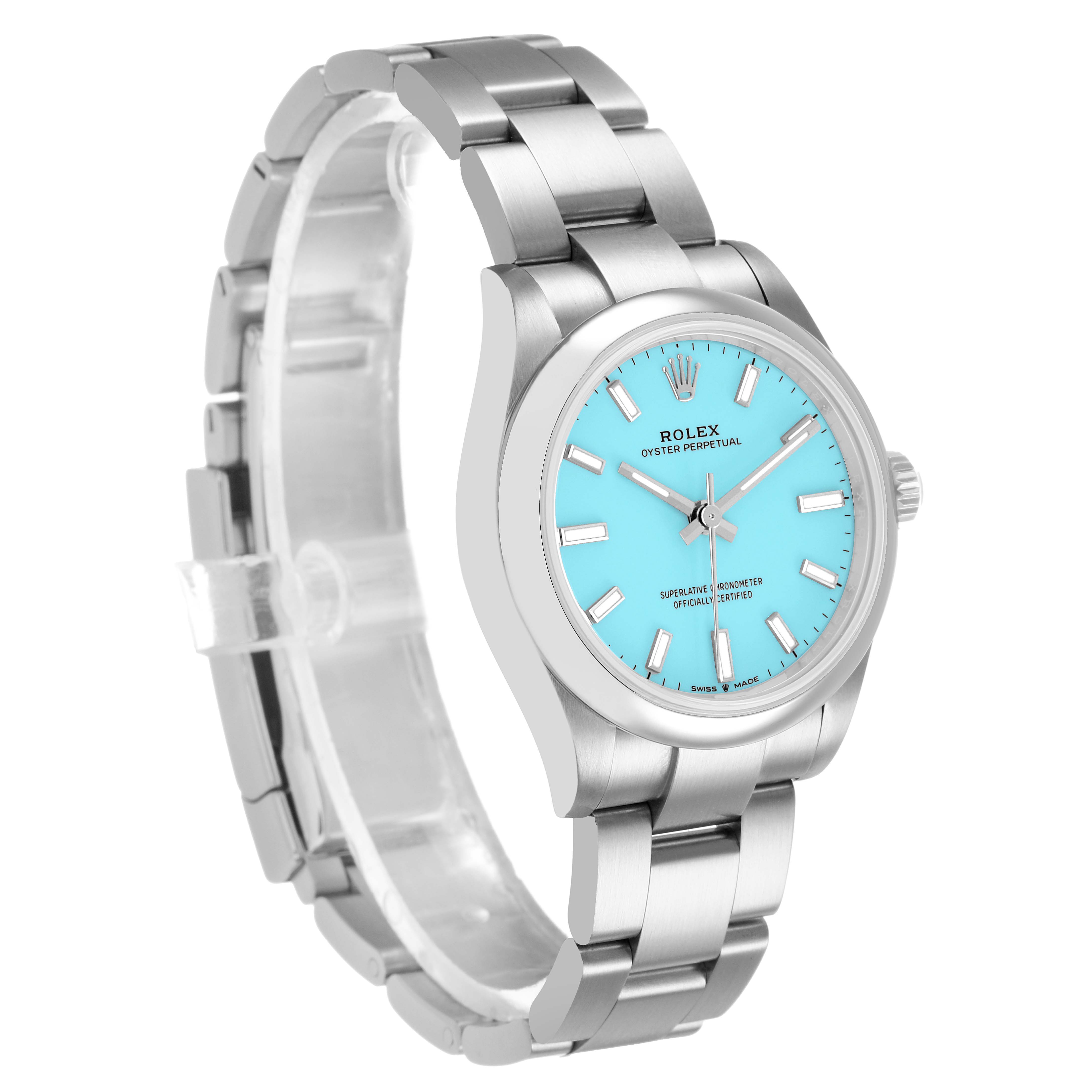 The Rolex Oyster Perpetual 277200 Women's Stainless Steel Blue Dial watch is shown at a three-quarter angle, displaying the face, bracelet, and clasp.