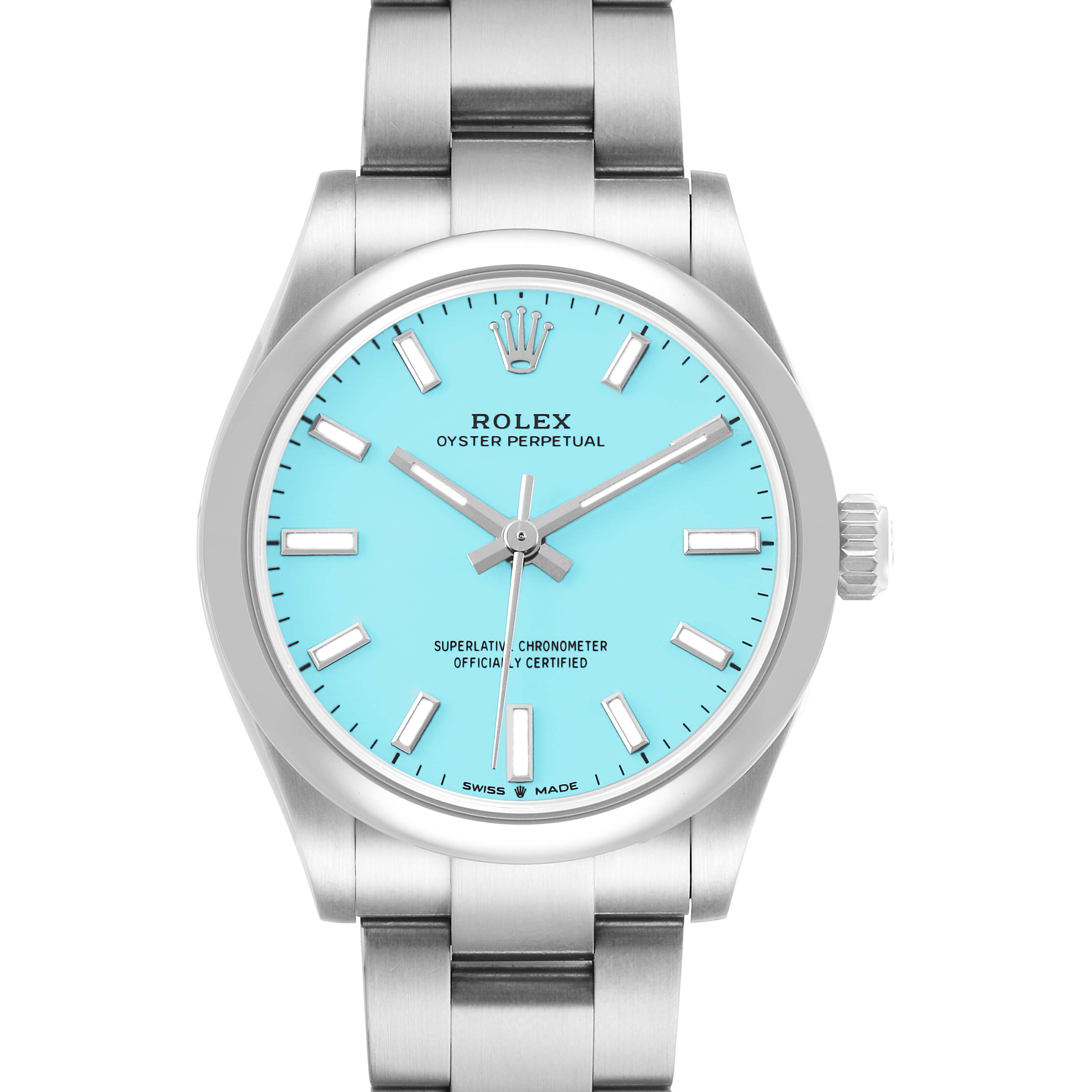 The image shows a front view of a Rolex Oyster Perpetual 277200 Women's Stainless Steel Blue Dial watch with a turquoise dial and stainless steel bracelet.
