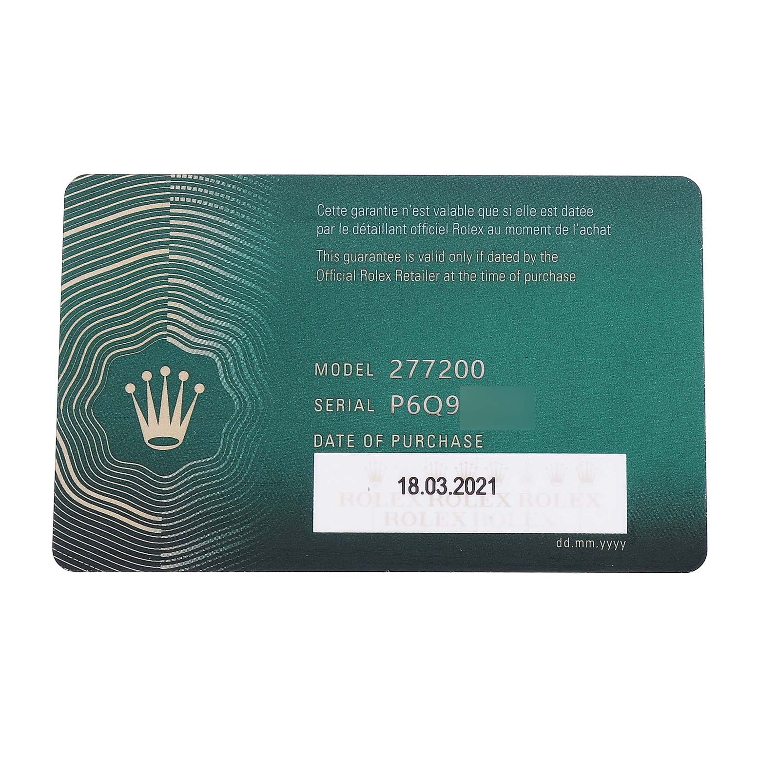 The image shows the warranty card for the Rolex Oyster Perpetual 277200 Women's Stainless Steel Blue Dial model, featuring model, serial number, and date of purchase.