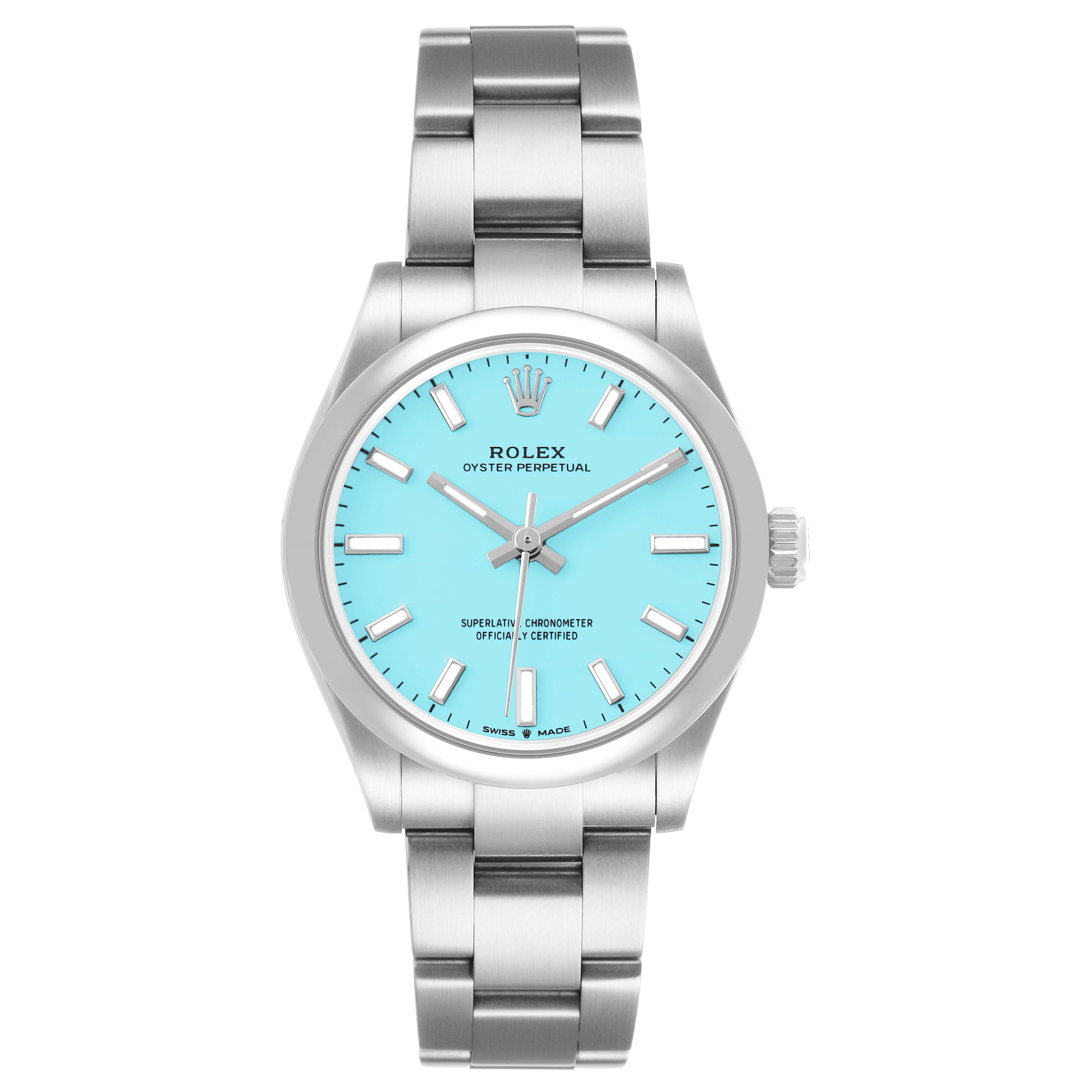 The Rolex Oyster Perpetual 277200 Women's Stainless Steel Blue Dial watch is shown from a top-down angle, displaying its face, bezel, crown, and bracelet.