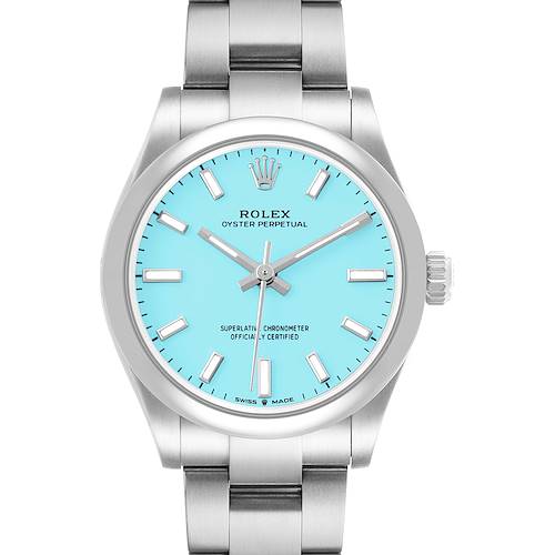 The Rolex Oyster Perpetual 277200 Women's Stainless Steel Blue Dial watch is shown from the front, displaying its turquoise dial and metal bracelet.