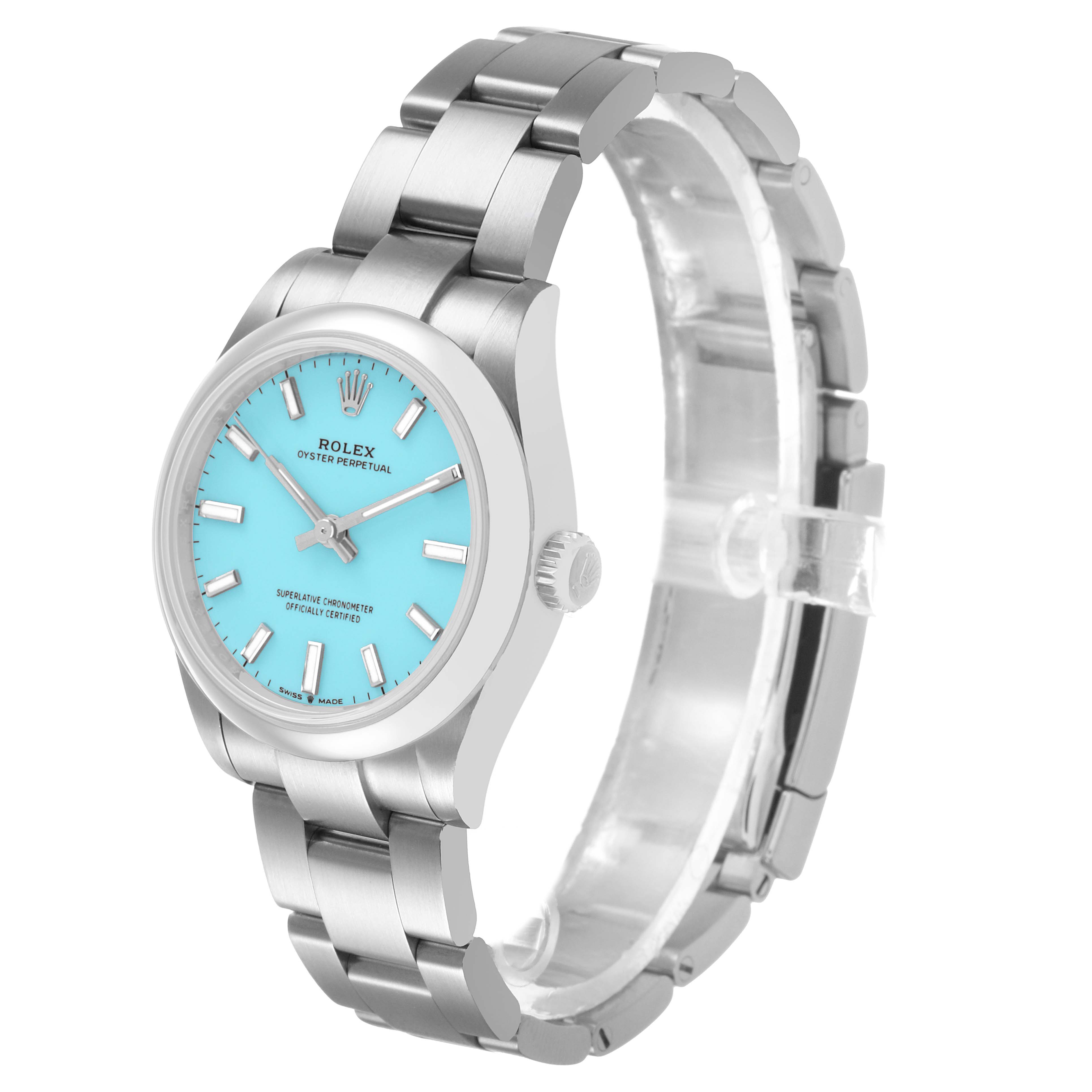 The Rolex Oyster Perpetual 277200 Women's Stainless Steel Blue Dial watch is shown at a three-quarter angle, highlighting the turquoise dial and metal bracelet.