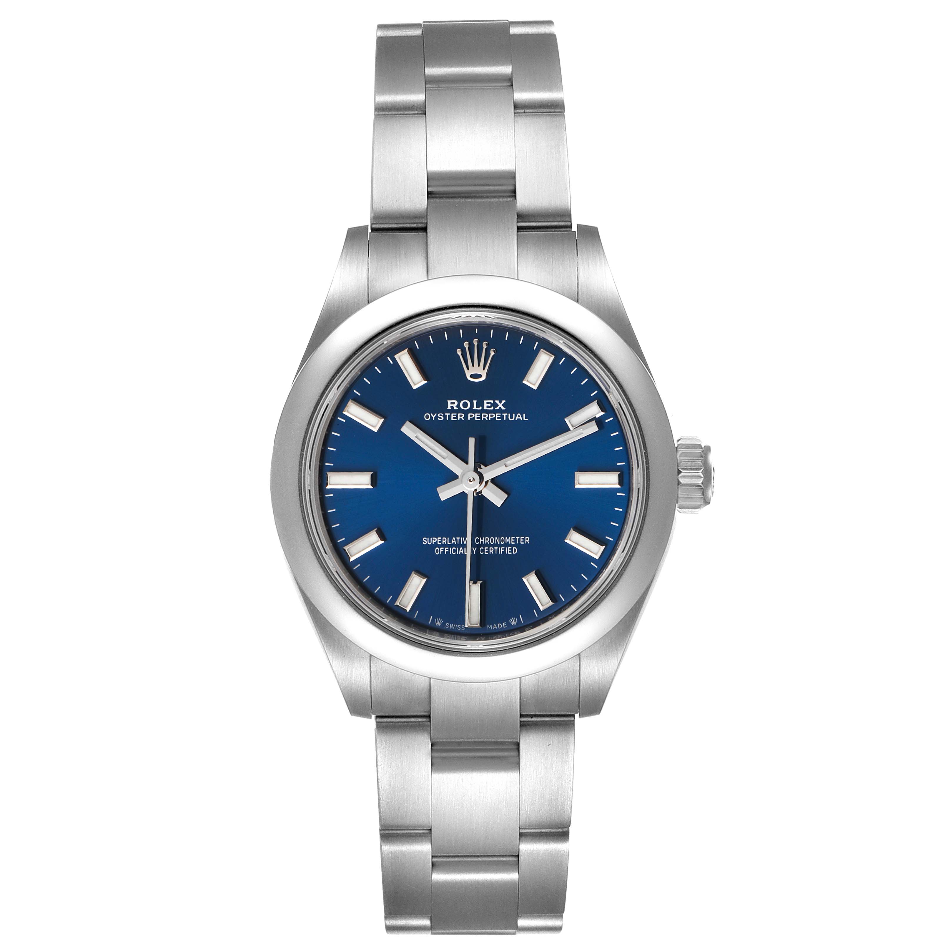 The image shows a front view of the Rolex Oyster Perpetual 276200 Women
s Stainless Steel Blue Dial 276200 Women
s Stainless Steel Blue Dial watch, displaying its blue dial, silver hands, and stainless steel bracelet.