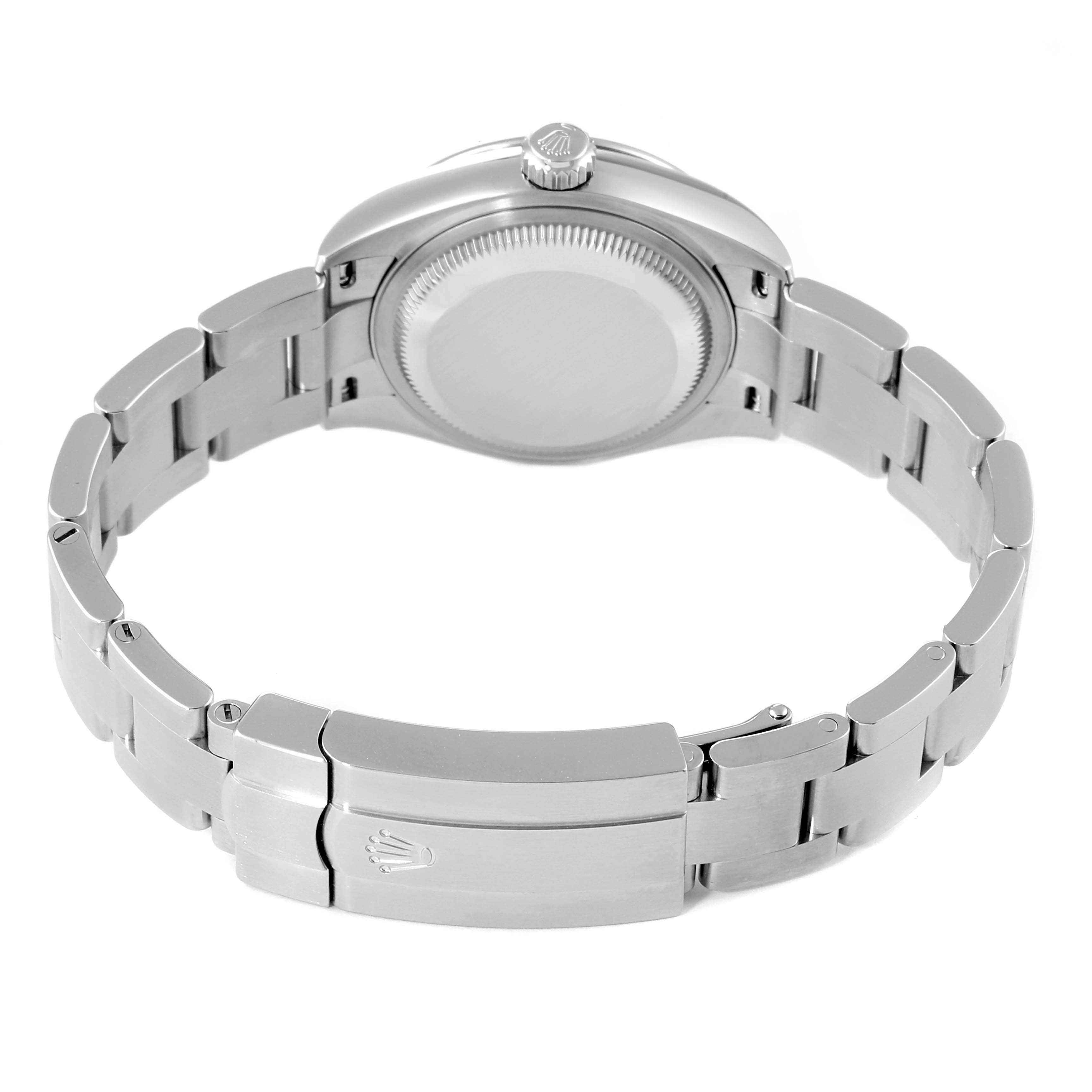 The image shows the back case, bracelet, and clasp of the Rolex Oyster Perpetual 276200 Women
s Stainless Steel Blue Dial 276200 Women
s Stainless Steel Blue Dial watch from a rear angle.