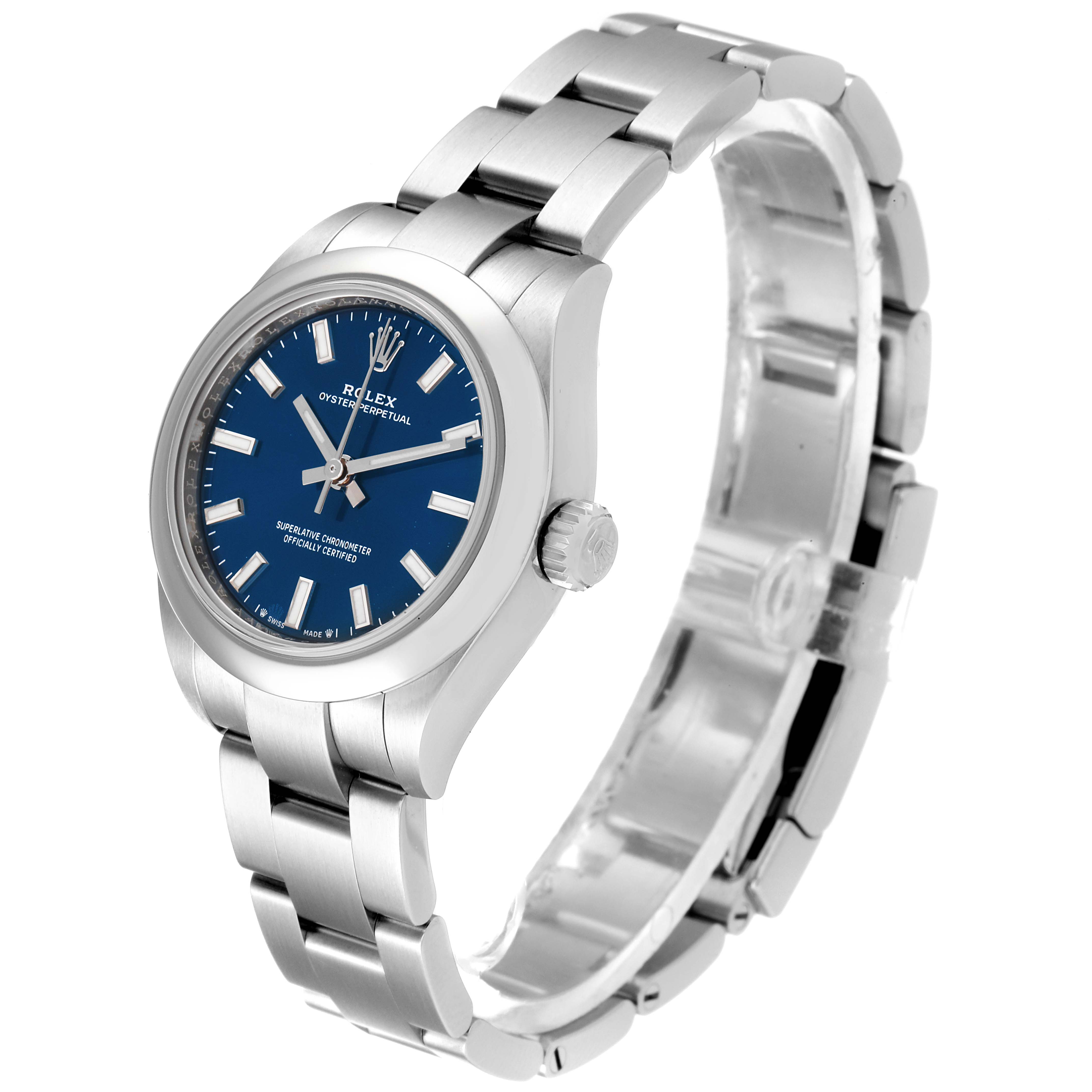 The image shows a Rolex Oyster Perpetual 276200 Women
s Stainless Steel Blue Dial 276200 Women
s Stainless Steel Blue Dial watch at a three-quarter angle, highlighting its blue dial, stainless steel case, and bracelet.