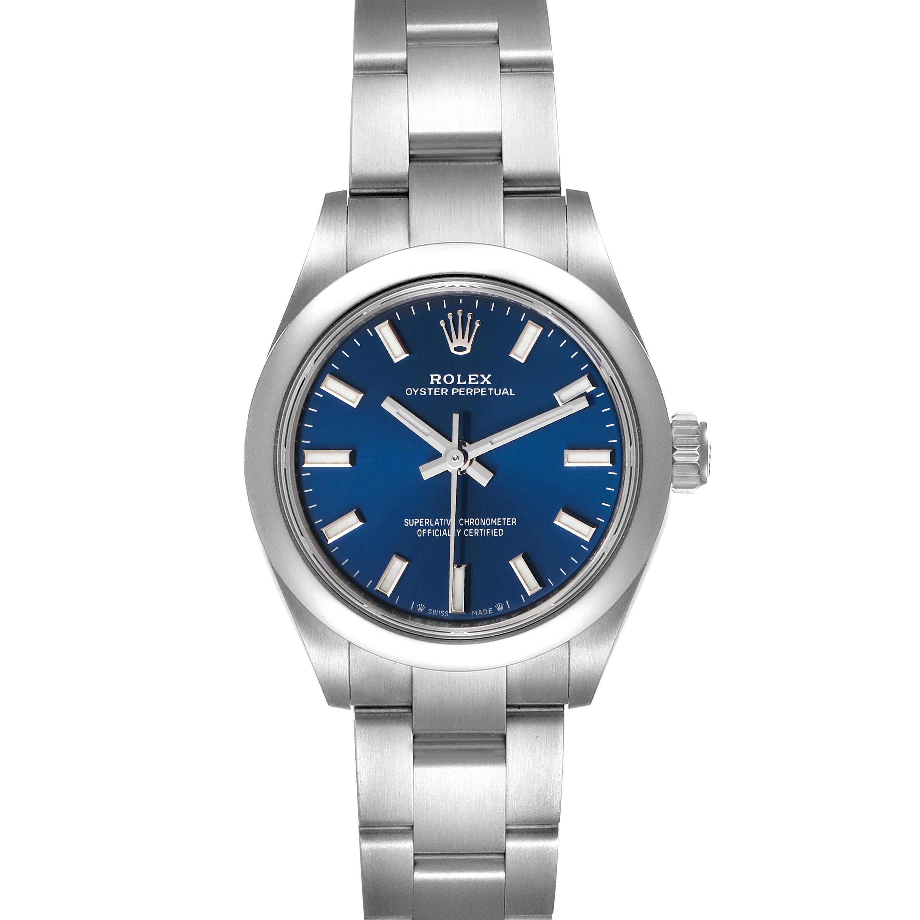 This image shows a Rolex Oyster Perpetual 276200 Women
s Stainless Steel Blue Dial 276200 Women
s Stainless Steel Blue Dial watch from the front, featuring its blue dial, stainless steel case and bracelet.