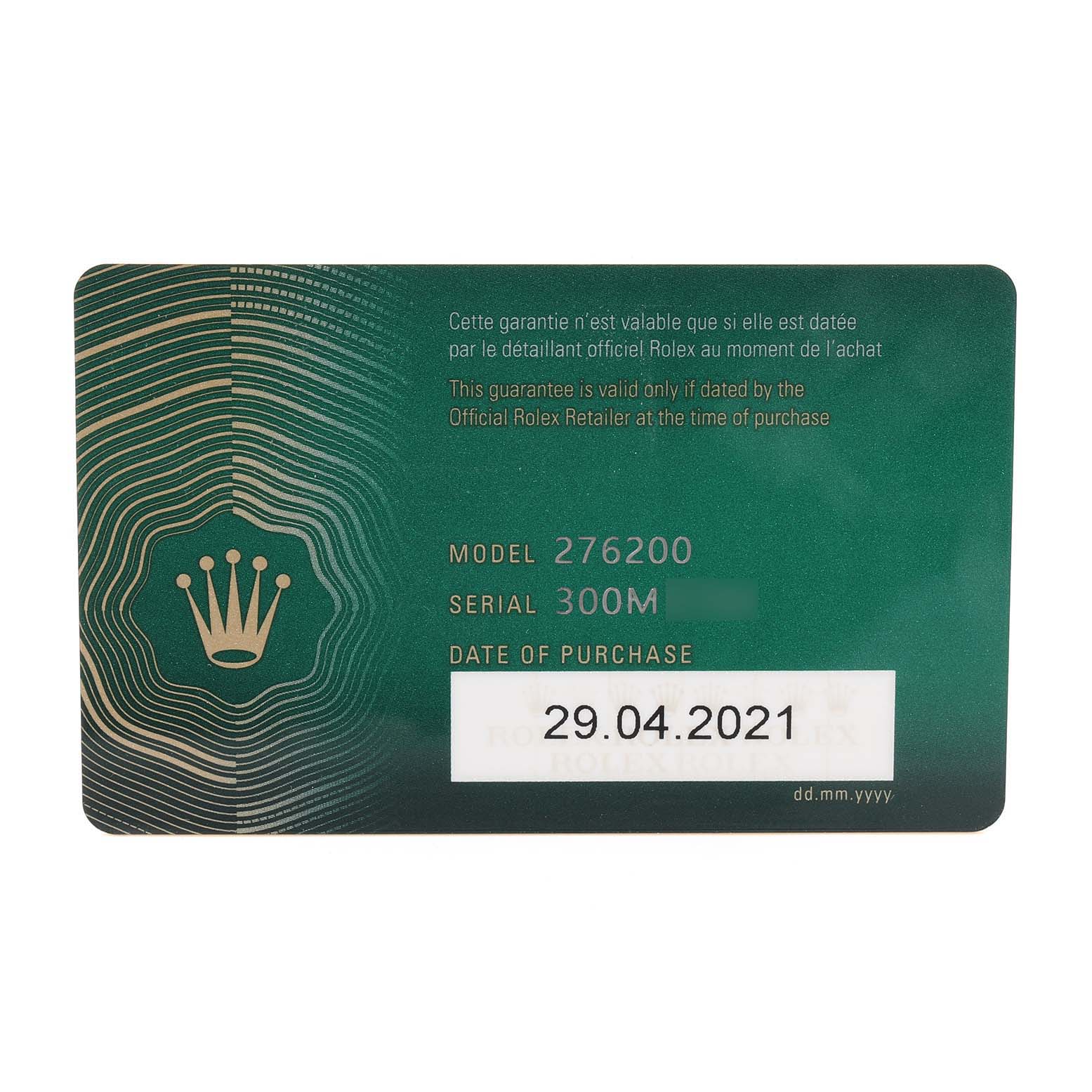 This image shows the warranty card for the Rolex Oyster Perpetual 276200 Women
s Stainless Steel Blue Dial 276200 Women
s Stainless Steel Blue Dial model 276200.
