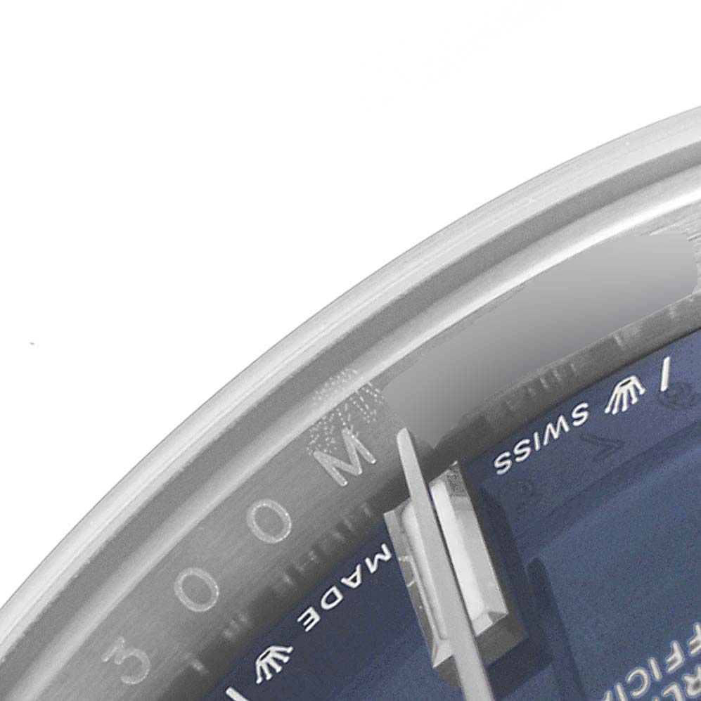 The image shows a close-up of the dial on a Rolex Oyster Perpetual 276200 Women
s Stainless Steel Blue Dial 276200 Women
s Stainless Steel Blue Dial watch, focusing on the "Swiss Made" text and minute markers.