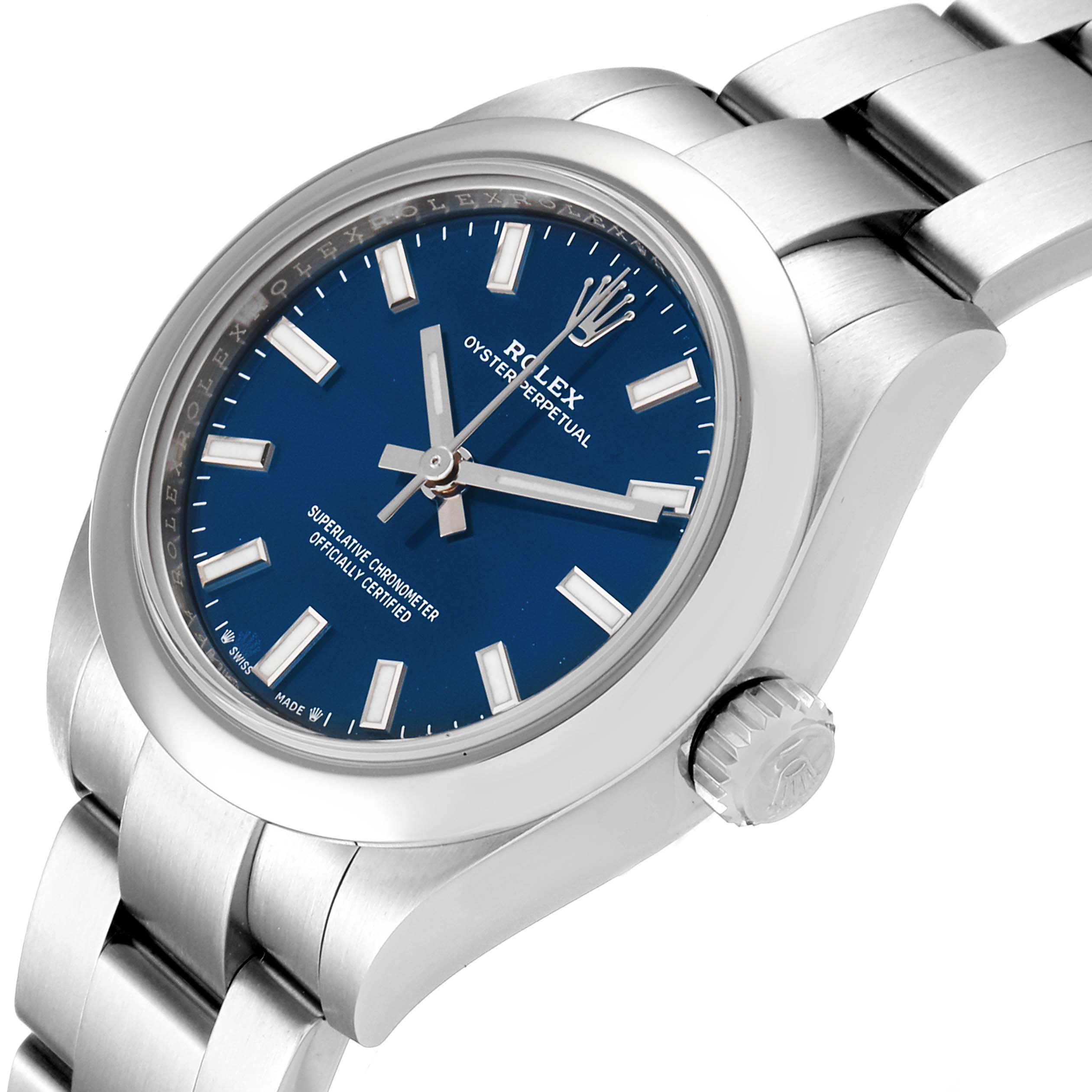 This image shows a side angle of the Rolex Oyster Perpetual 276200 Women
s Stainless Steel Blue Dial 276200 Women
s Stainless Steel Blue Dial watch, highlighting the blue dial, crown, and part of the bracelet.