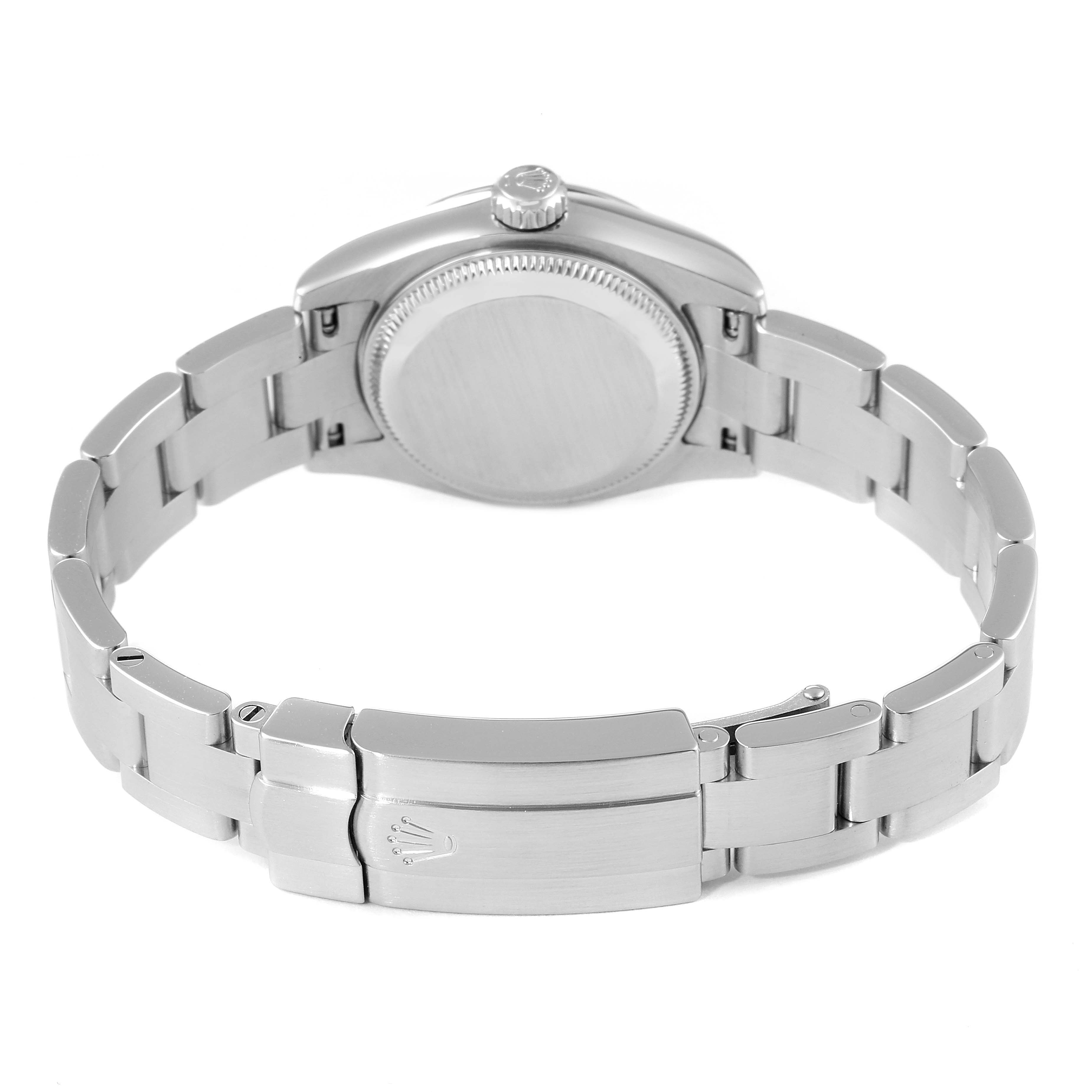 This image shows the back view of a Rolex Oyster Perpetual 176200 Women's Stainless Steel Black Dial 176200 Women's Stainless Steel Black Dial watch, highlighting its case back, crown, and bracelet.