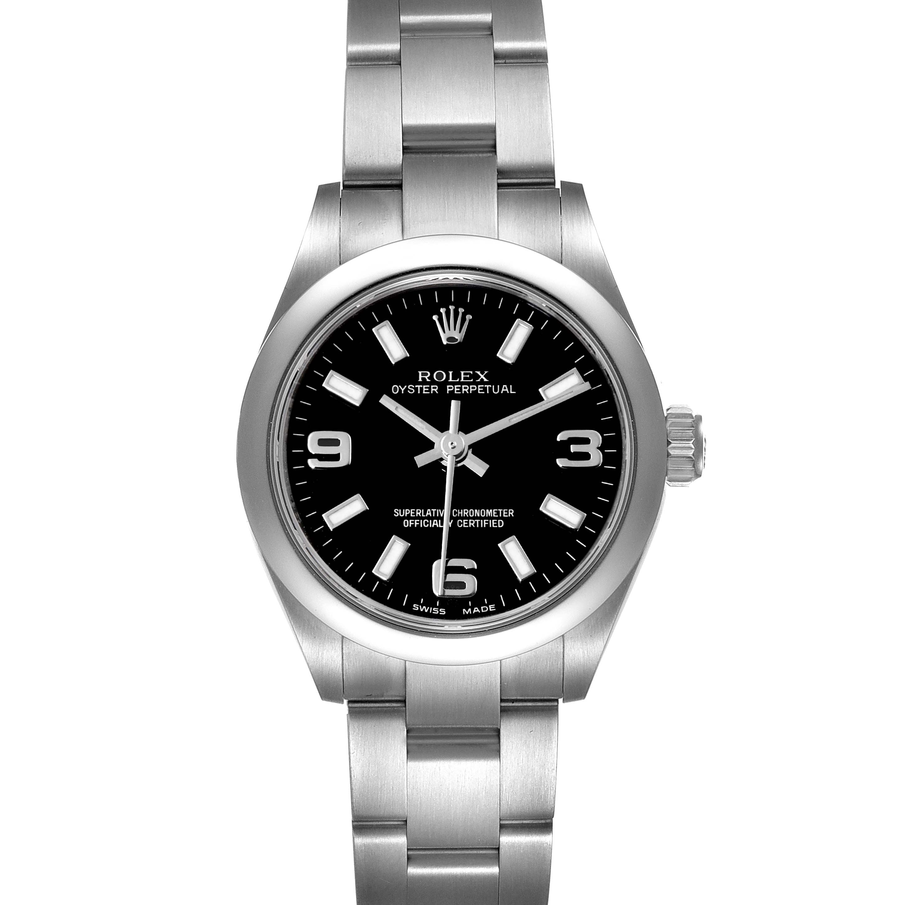 This image shows a front view of the Rolex Oyster Perpetual 176200 Women's Stainless Steel Black Dial 176200 Women's Stainless Steel Black Dial watch, highlighting its face, bezel, and bracelet.