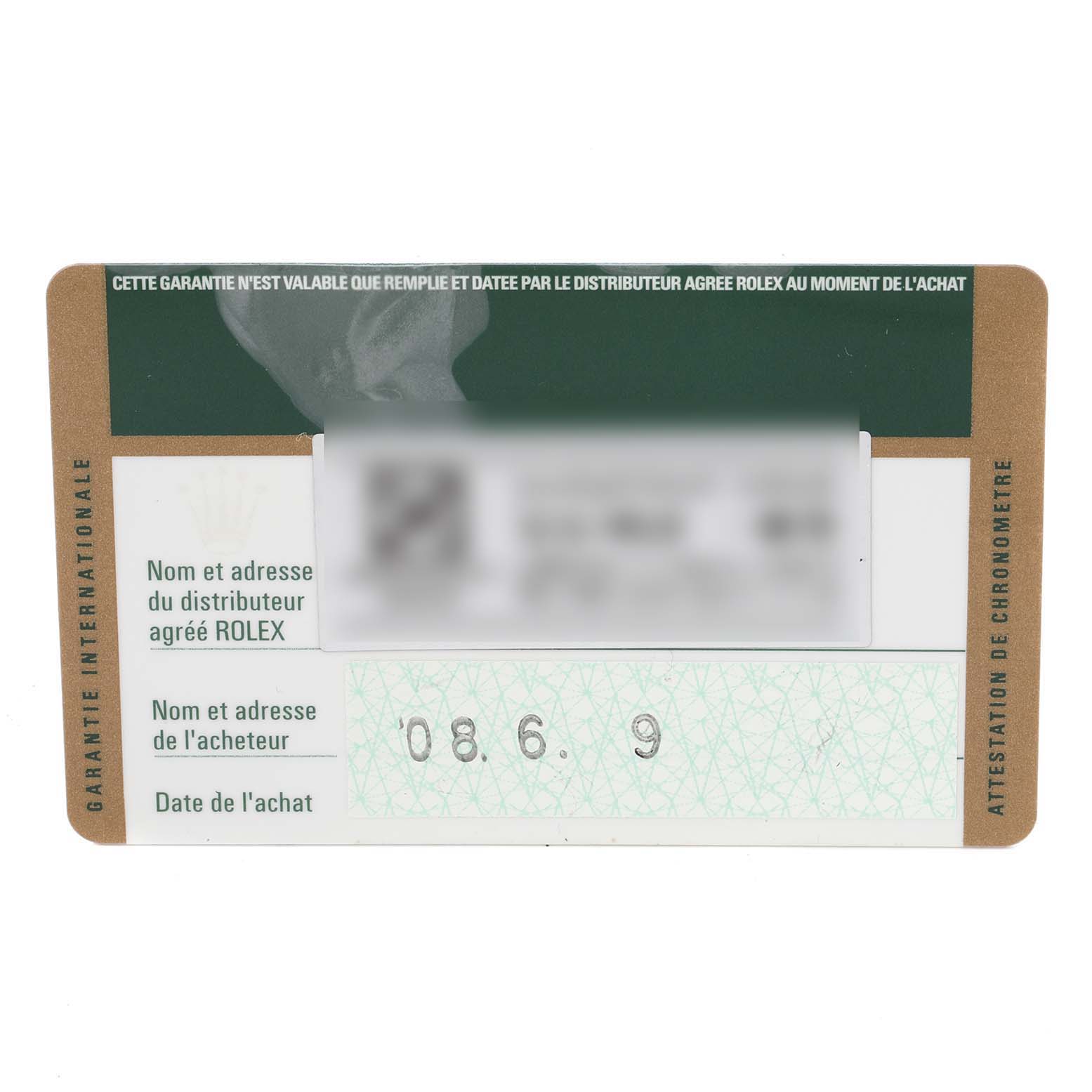 The image shows a warranty card for a Rolex Oyster Perpetual 176200 Women's Stainless Steel Black Dial 176200 Women's Stainless Steel Black Dial watch, displaying the dealer's information and purchase date.