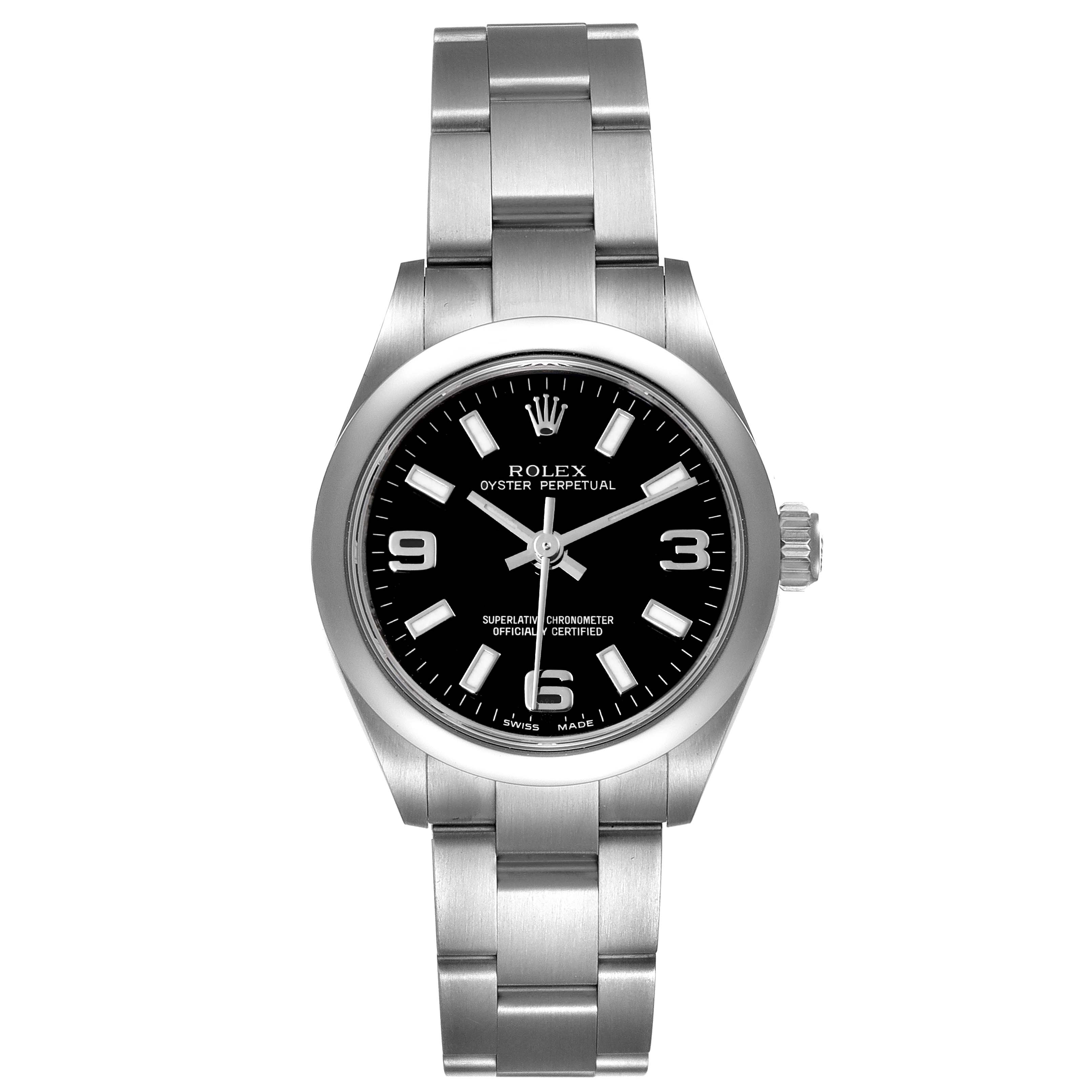 The image shows a front view of a Rolex Oyster Perpetual 176200 Women's Stainless Steel Black Dial 176200 Women's Stainless Steel Black Dial watch, including the dial, bezel, and stainless steel bracelet.