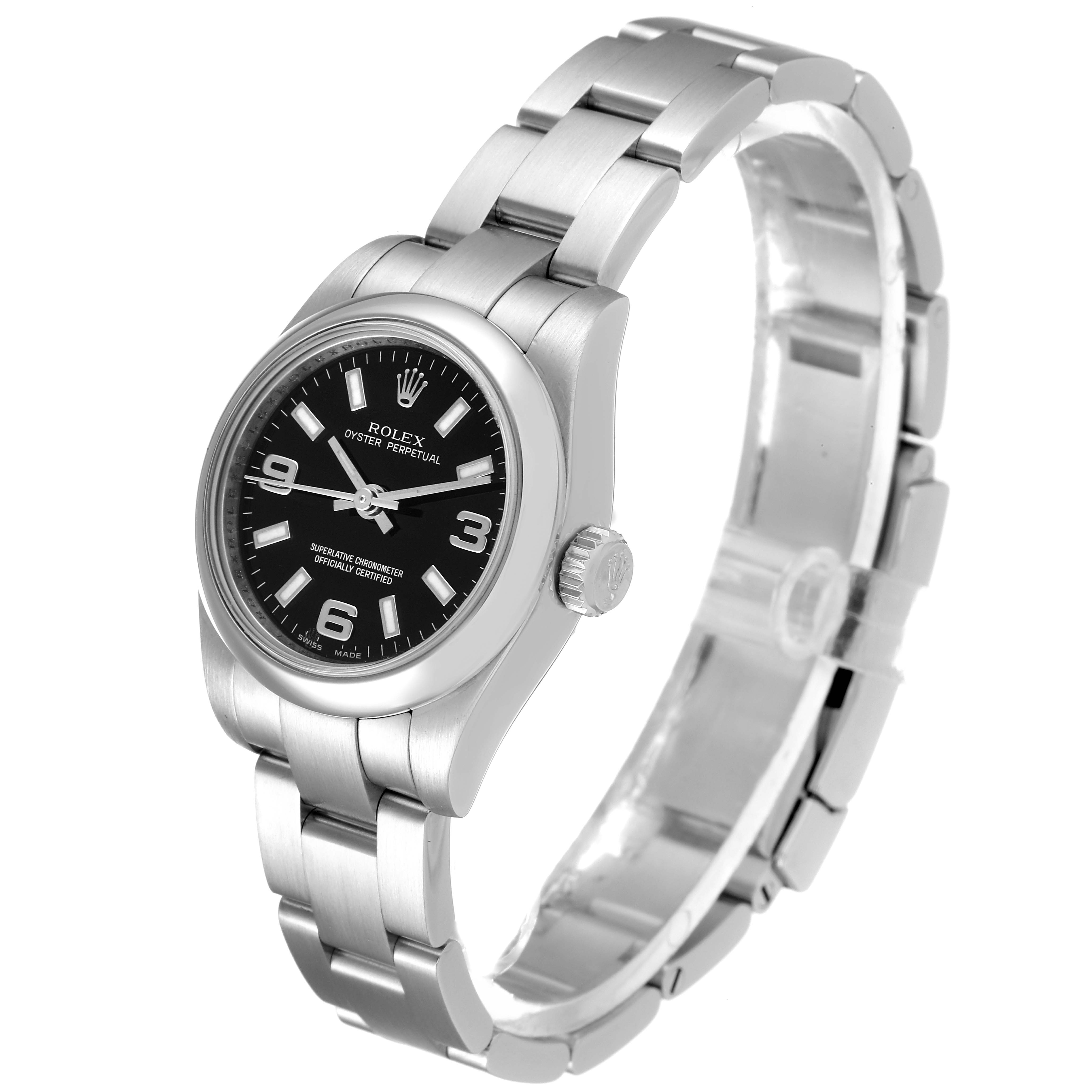 The image shows a Rolex Oyster Perpetual 176200 Women's Stainless Steel Black Dial 176200 Women's Stainless Steel Black Dial watch, angled to display the face, case, crown, and bracelet.