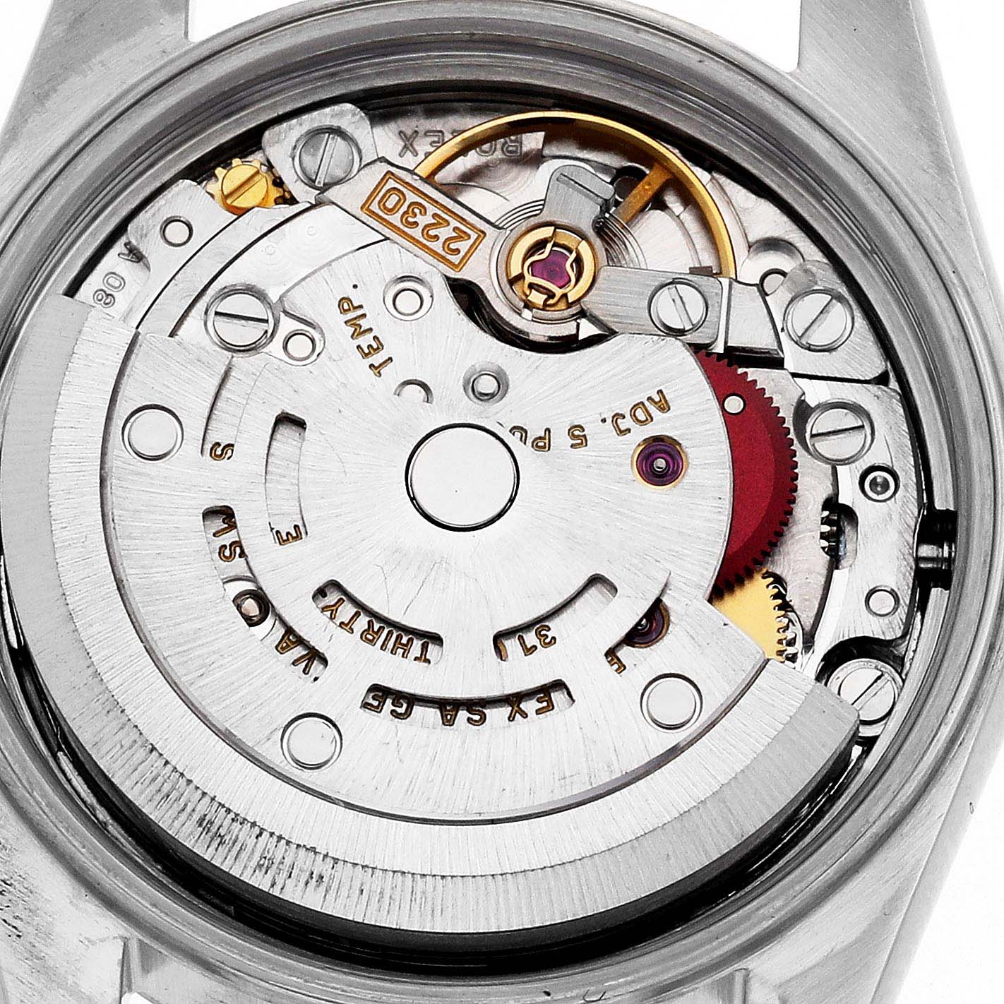 The image shows the movement mechanism of a Rolex Oyster Perpetual 76080 Women
s Stainless Steel Silver Dial 76080 Women
s Stainless Steel Silver Dial from the back, highlighting the rotor and intricate gears.