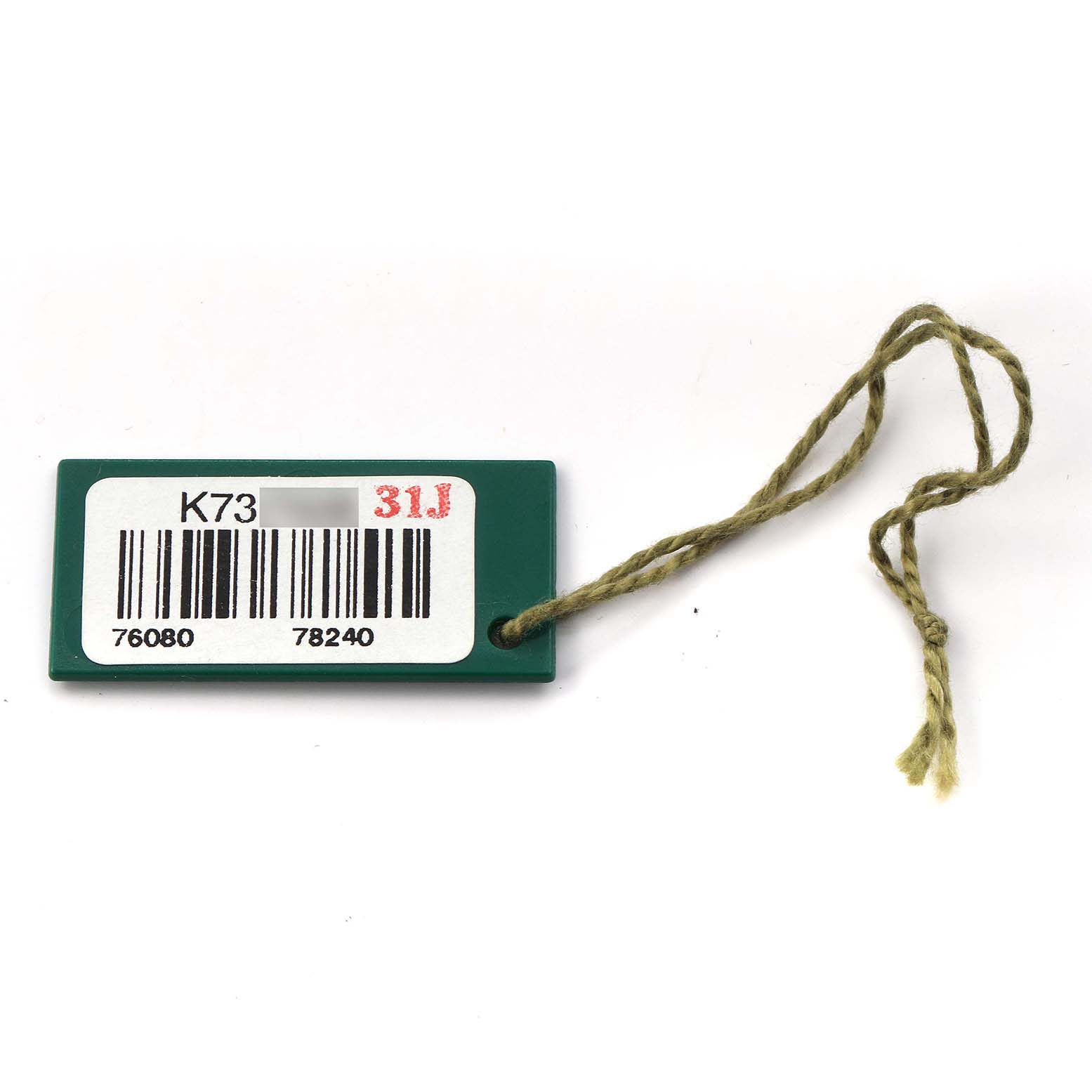 The image shows a green tag with a string, featuring barcodes and numbers, likely an accessory for a Rolex Oyster Perpetual 76080 Women
s Stainless Steel Silver Dial 76080 Women
s Stainless Steel Silver Dial watch.