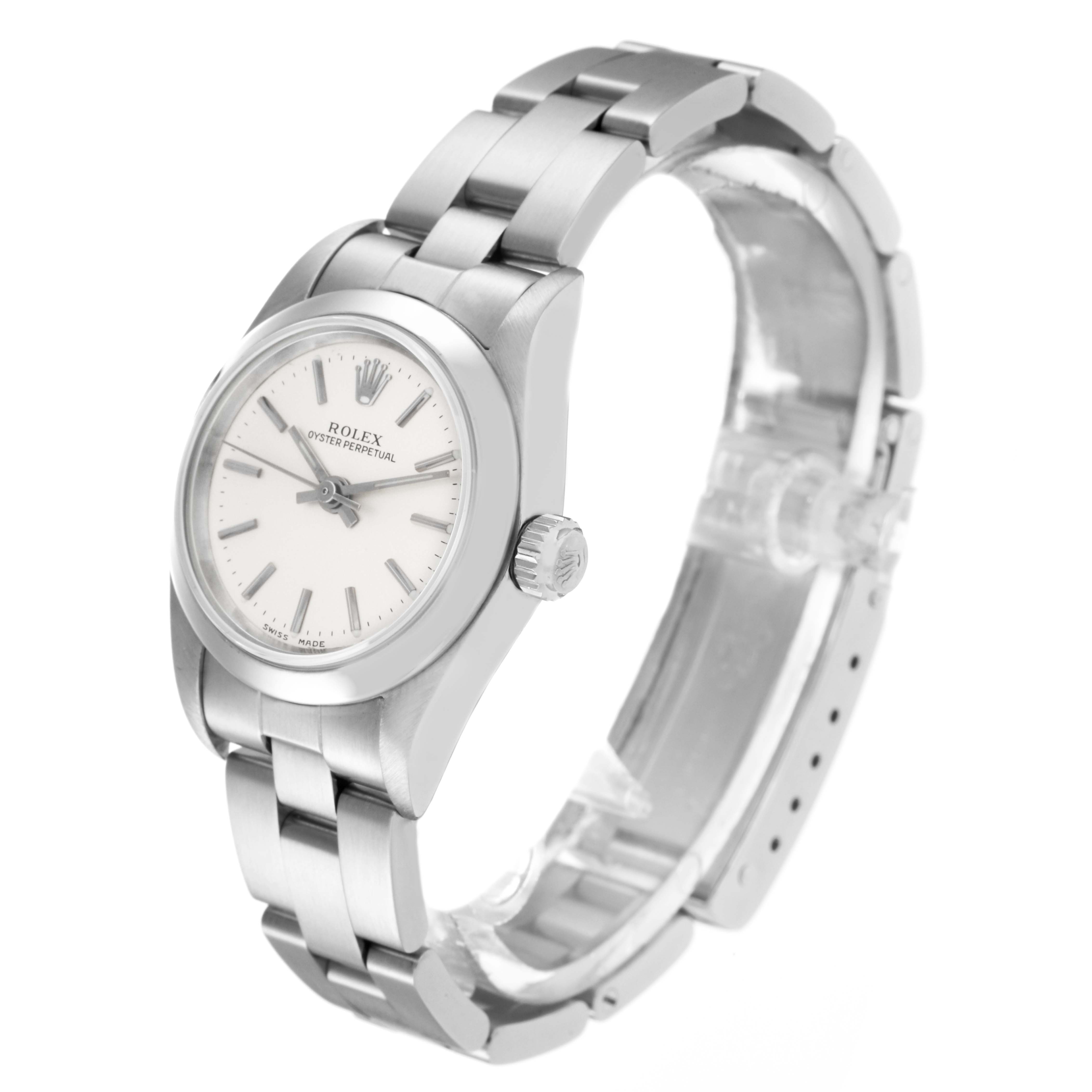 The Rolex Oyster Perpetual 76080 Women
s Stainless Steel Silver Dial 76080 Women
s Stainless Steel Silver Dial watch is shown at a slight side angle, highlighting the face, bezel, and bracelet.