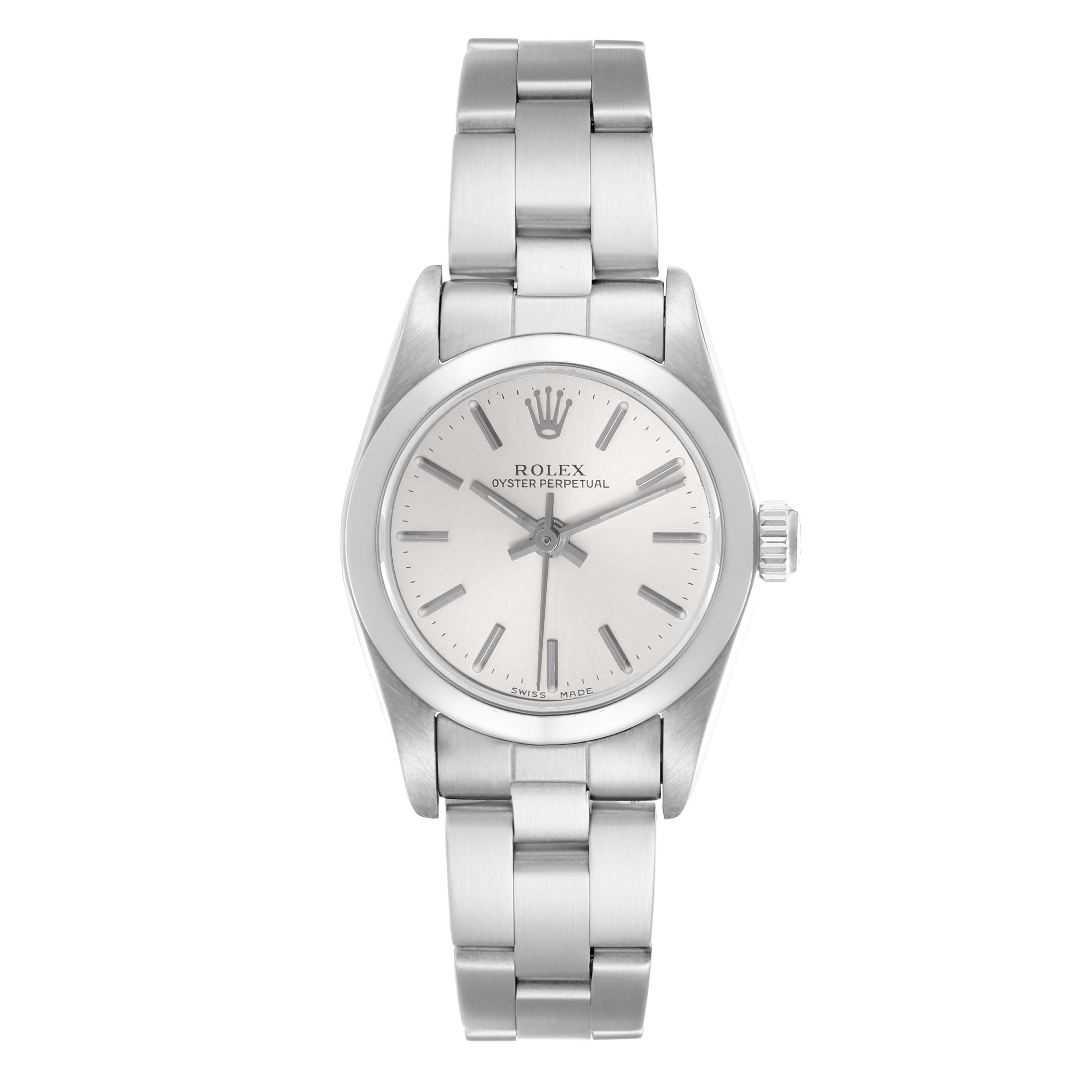 The Rolex Oyster Perpetual 76080 Women
s Stainless Steel Silver Dial 76080 Women
s Stainless Steel Silver Dial watch is shown from a front angle, displaying the dial, bezel, and bracelet.