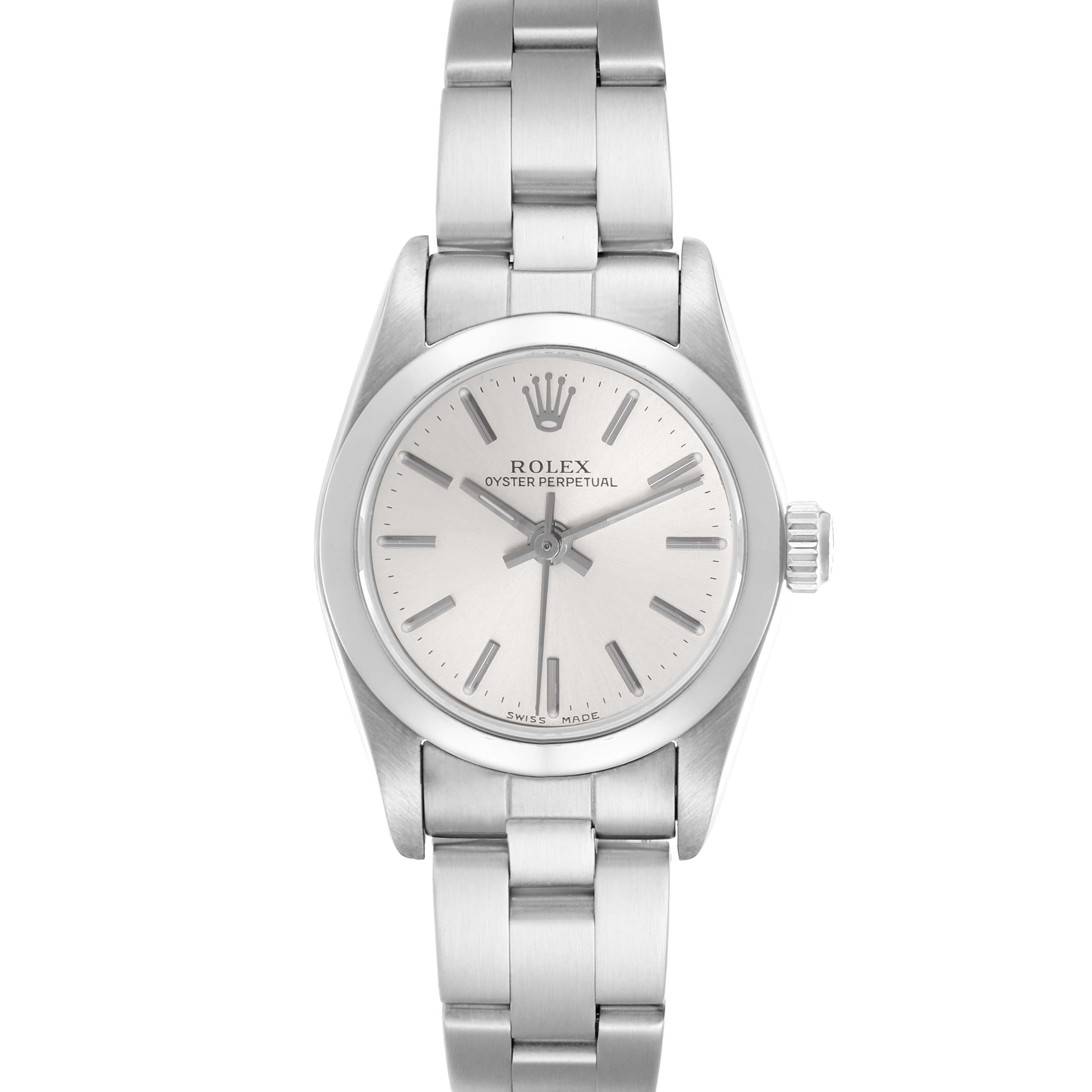 The Rolex Oyster Perpetual 76080 Women
s Stainless Steel Silver Dial 76080 Women
s Stainless Steel Silver Dial watch is shown face-on, displaying the dial, bracelet, and crown.