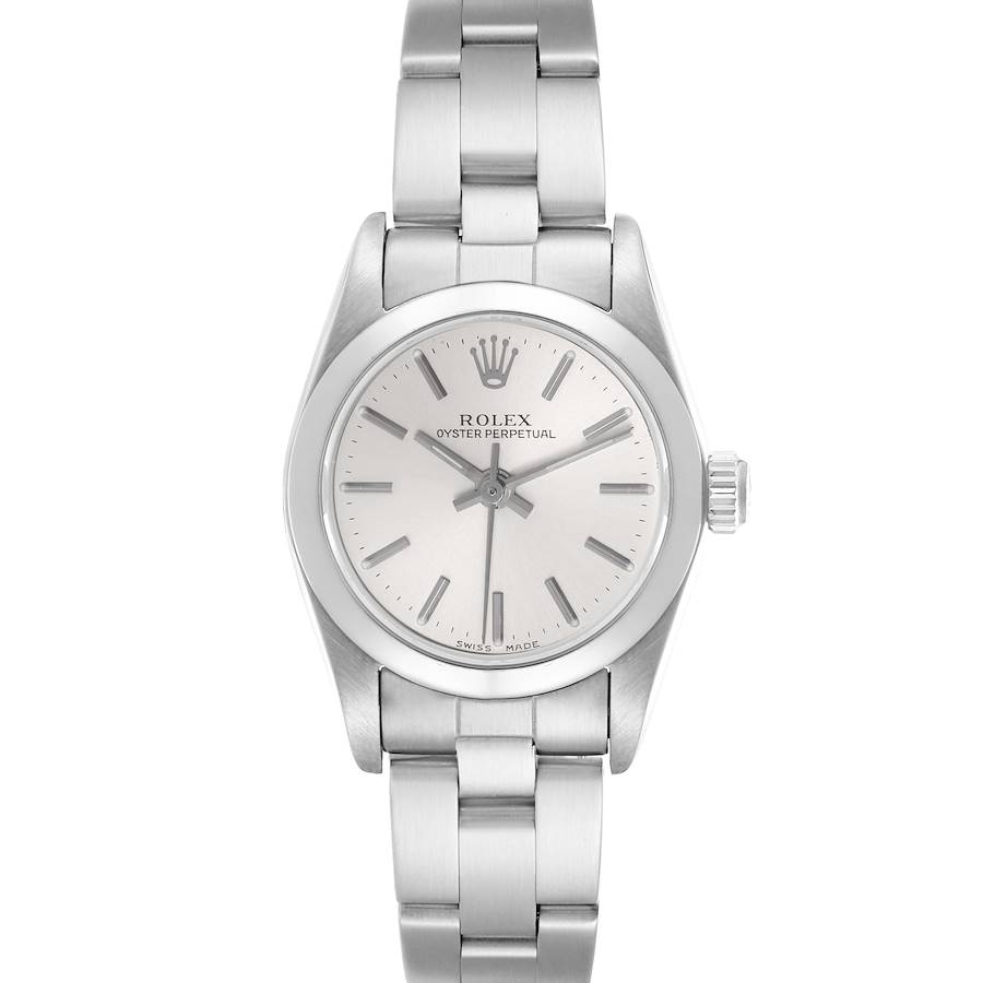 The Rolex Oyster Perpetual watch is shown face-on, displaying the dial, bracelet, and crown.