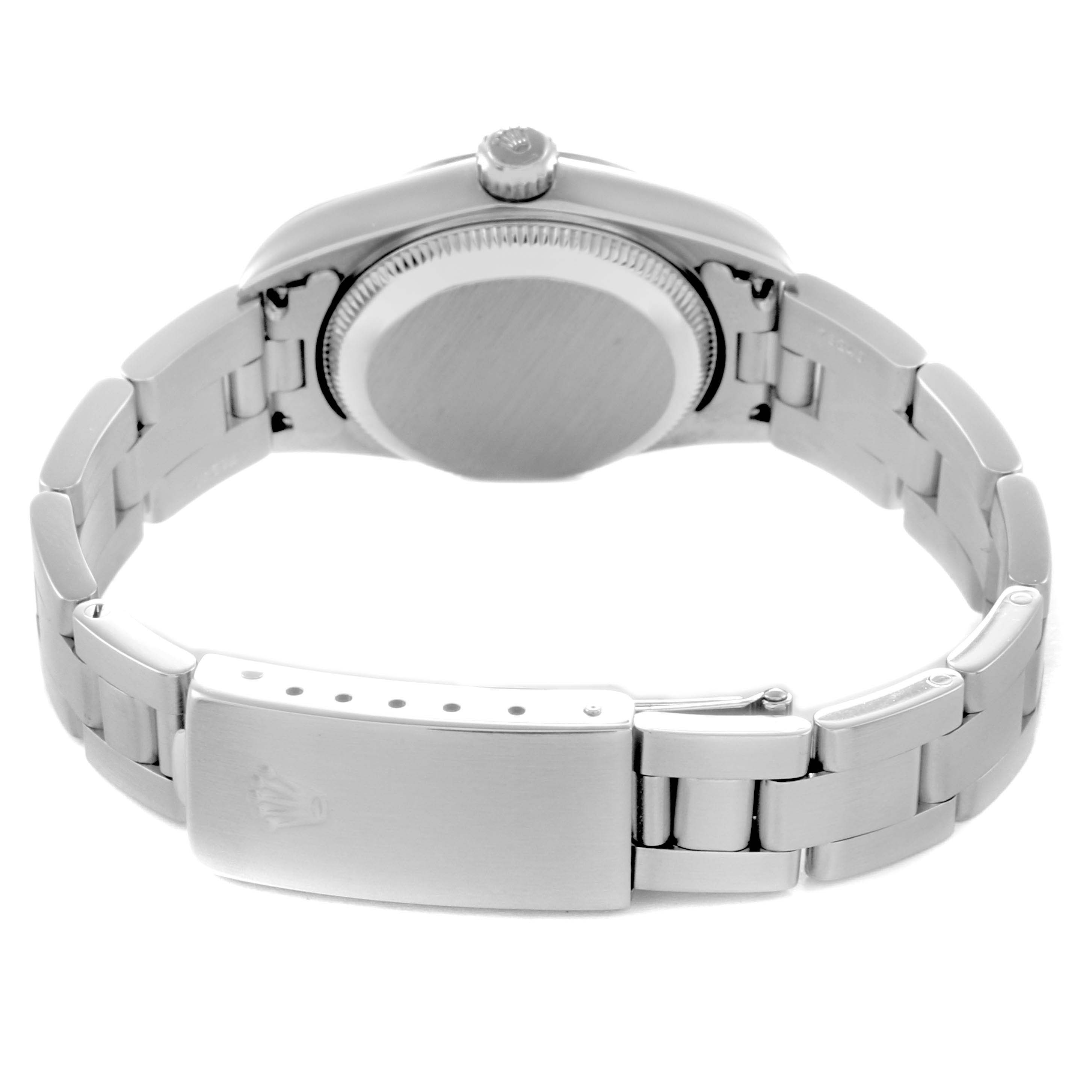 The image shows the back view of a Rolex Oyster Perpetual 76080 Women
s Stainless Steel Silver Dial 76080 Women
s Stainless Steel Silver Dial watch, highlighting the clasp and bracelet.